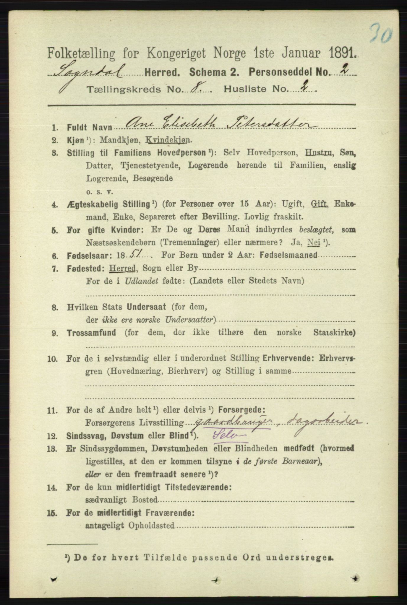 RA, 1891 census for 1111 Sokndal, 1891, p. 2695