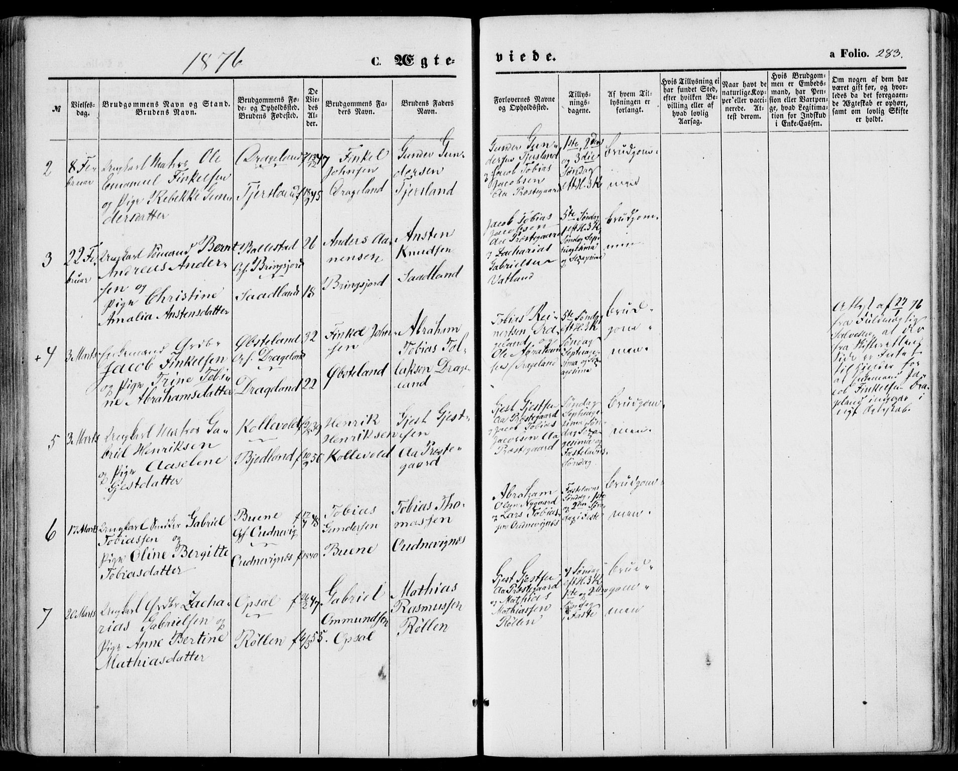 Lyngdal sokneprestkontor, SAK/1111-0029/F/Fa/Fac/L0010: Parish register (official) no. A 10, 1865-1878, p. 283
