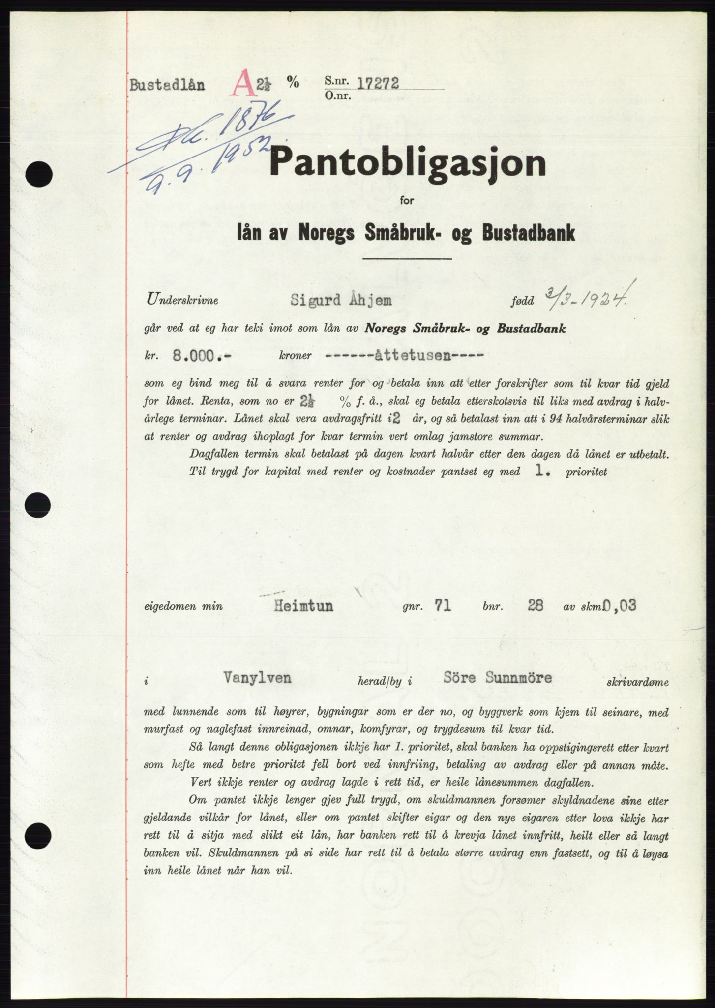 Søre Sunnmøre sorenskriveri, AV/SAT-A-4122/1/2/2C/L0122: Mortgage book no. 10B, 1952-1953, Diary no: : 1876/1952