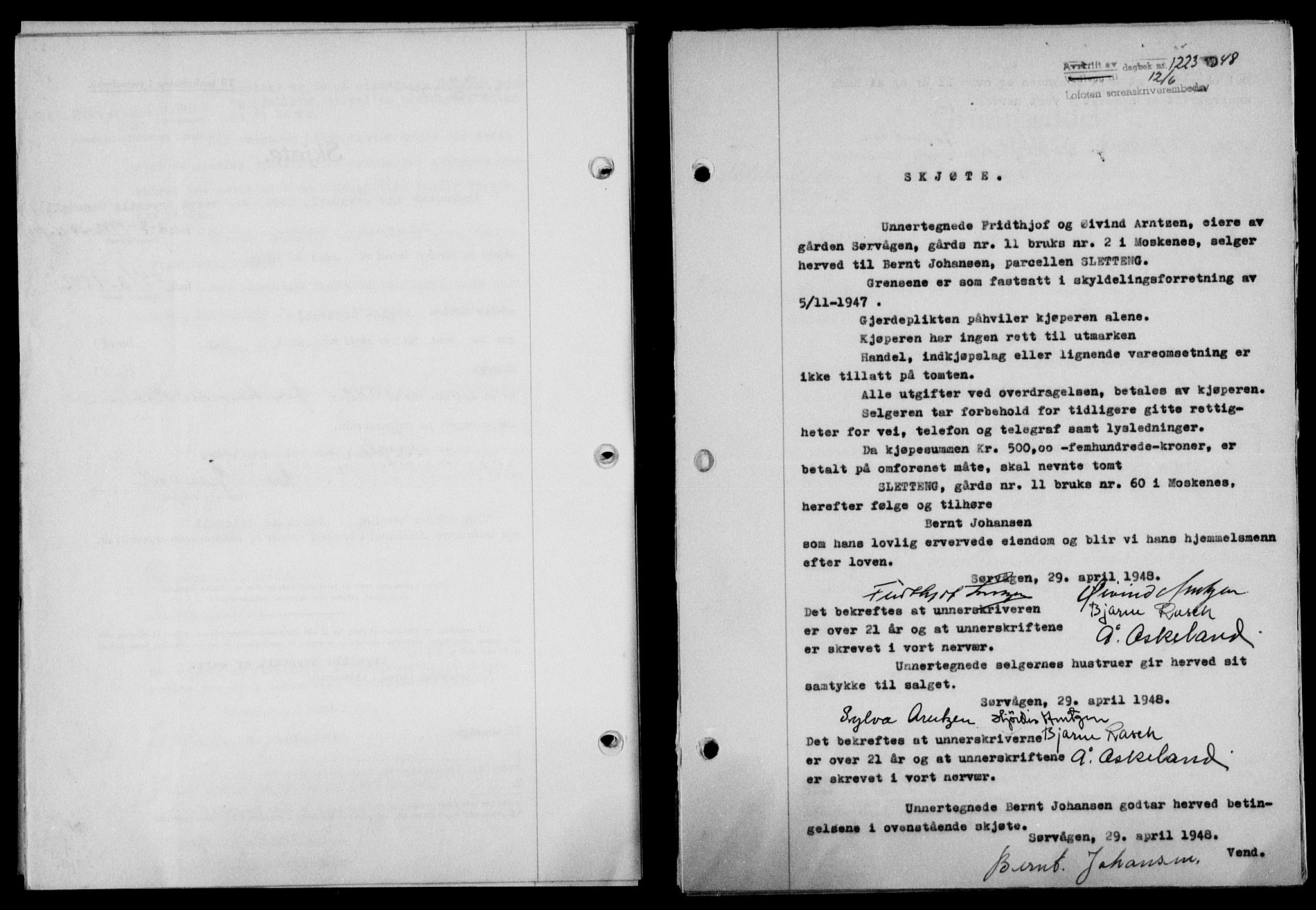 Lofoten sorenskriveri, SAT/A-0017/1/2/2C/L0018a: Mortgage book no. 18a, 1948-1948, Diary no: : 1223/1948