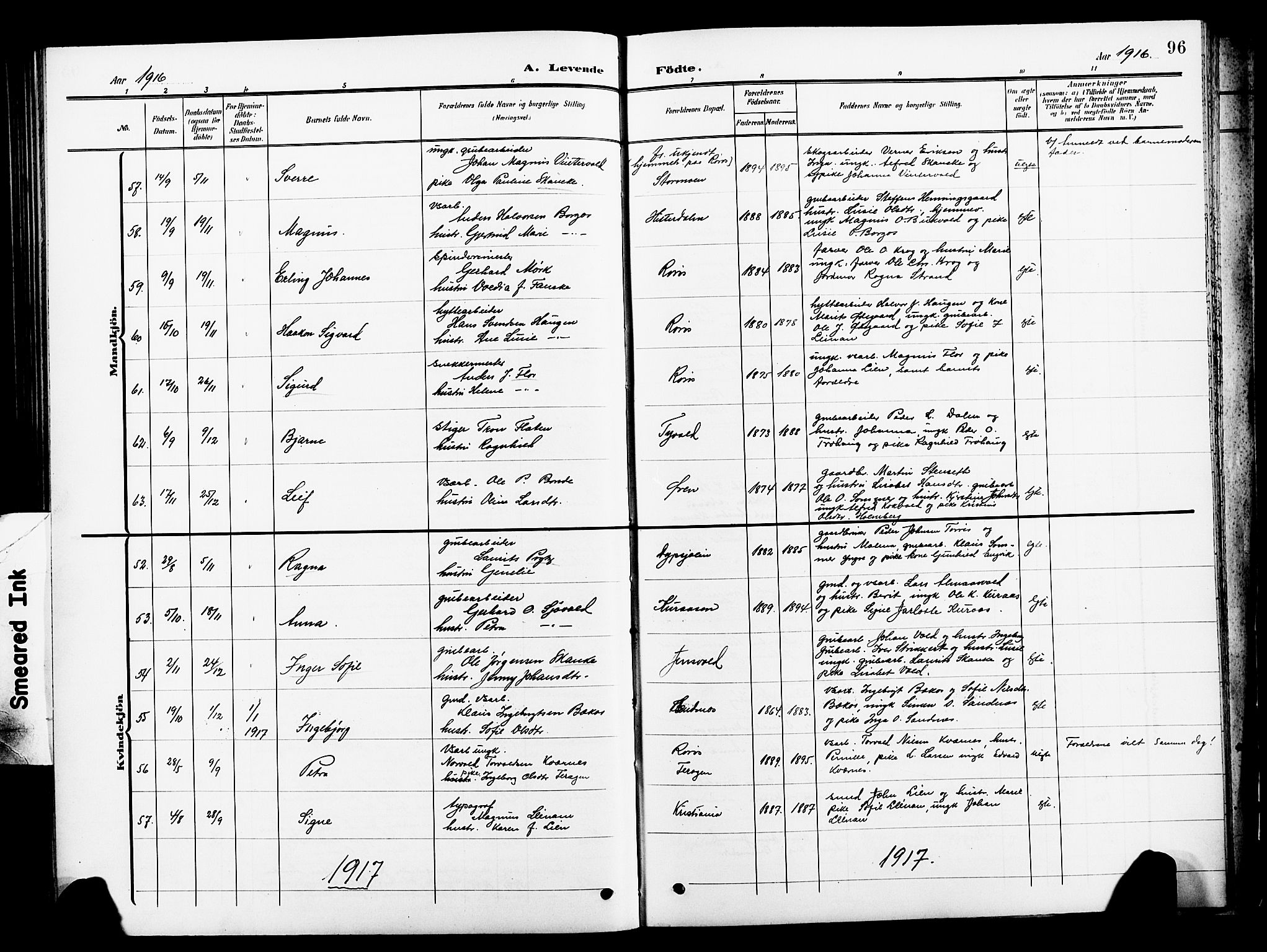 Ministerialprotokoller, klokkerbøker og fødselsregistre - Sør-Trøndelag, AV/SAT-A-1456/681/L0942: Parish register (copy) no. 681C06, 1906-1925, p. 96