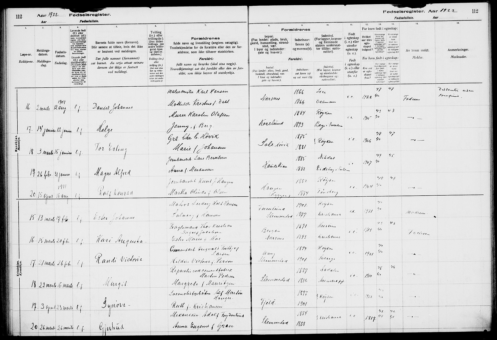 Røyken kirkebøker, AV/SAKO-A-241/J/Ja/L0001: Birth register no. 1, 1916-1927, p. 112