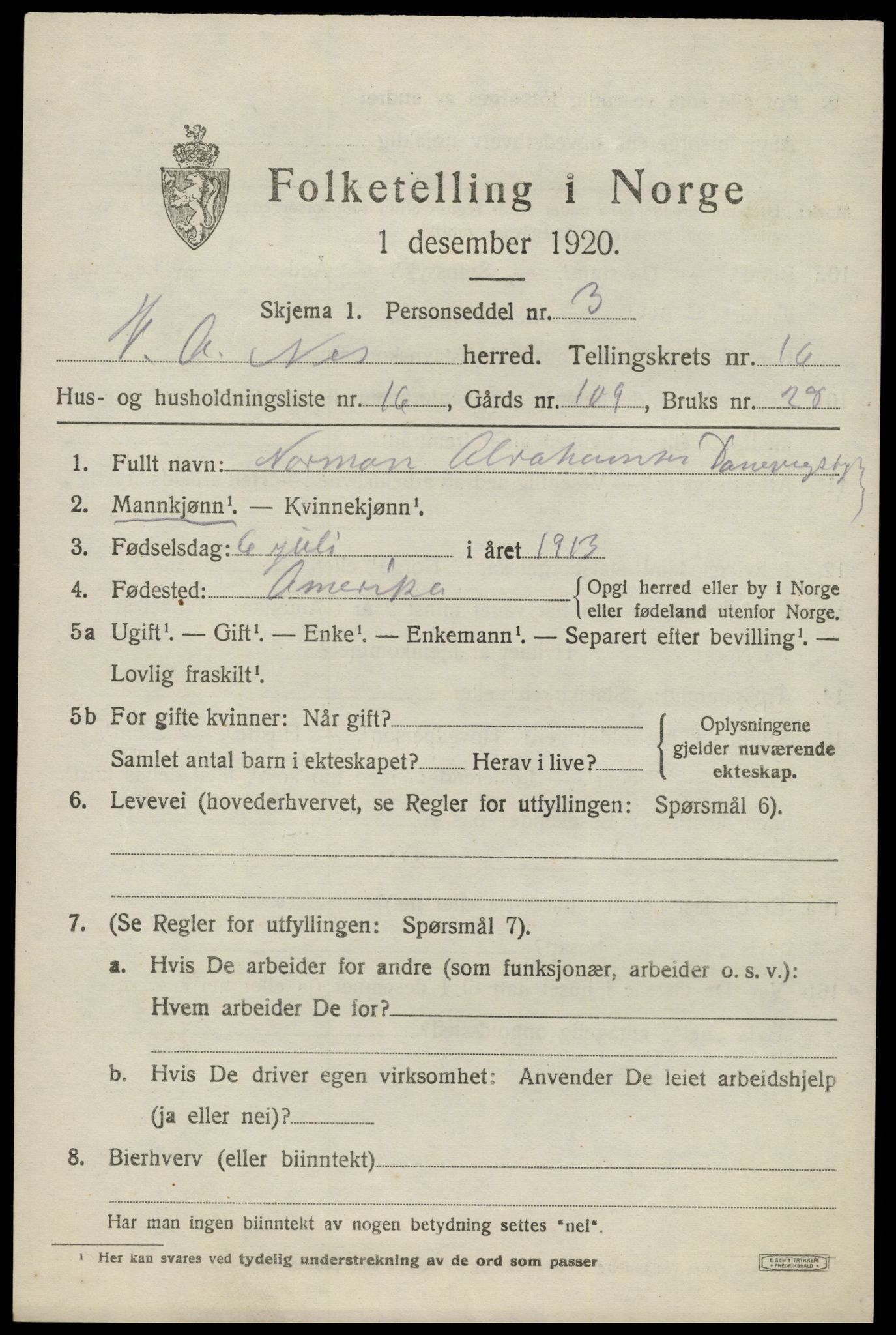 SAK, 1920 census for Nes (V-A), 1920, p. 5908