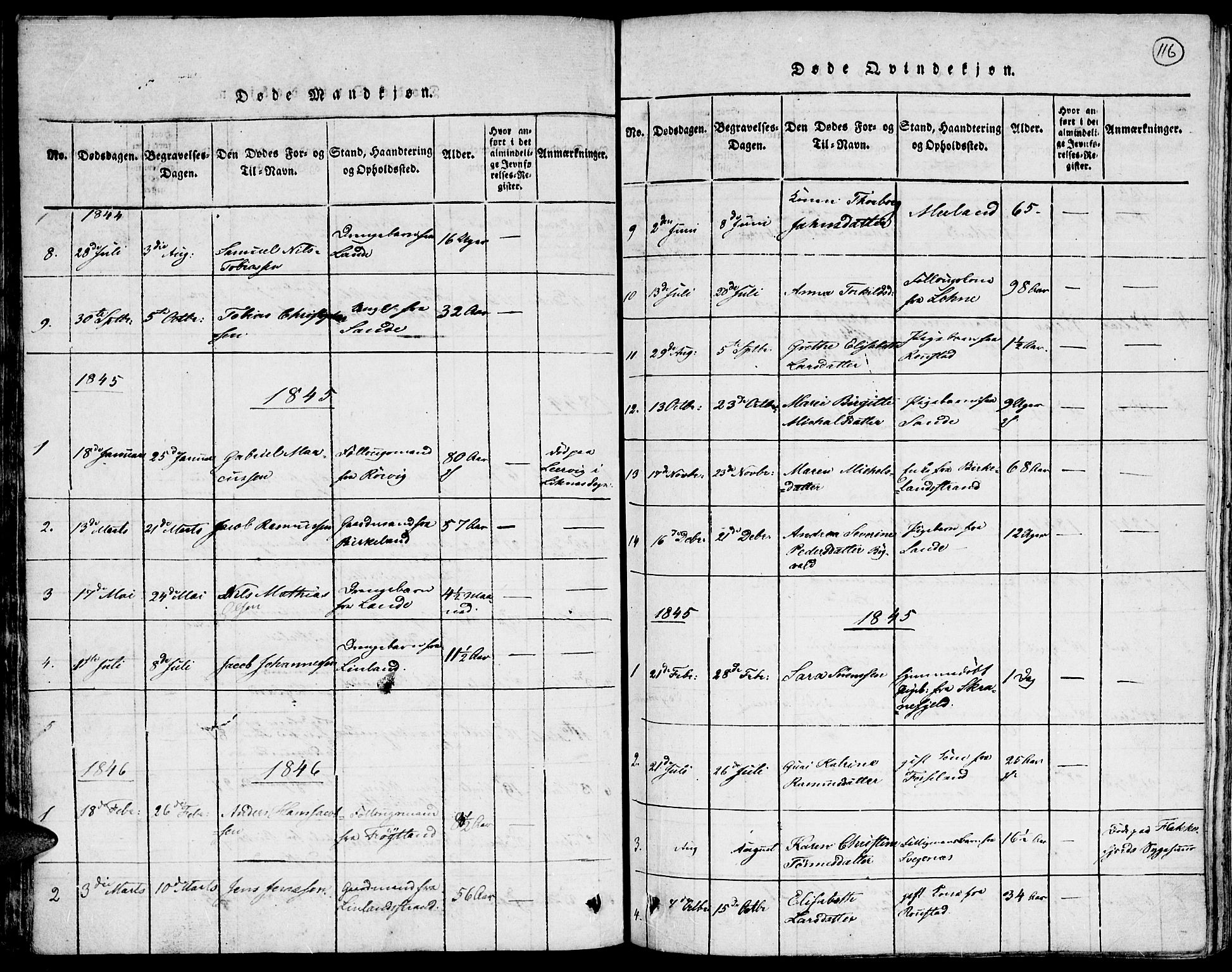 Kvinesdal sokneprestkontor, SAK/1111-0026/F/Fa/Faa/L0001: Parish register (official) no. A 1, 1815-1849, p. 116