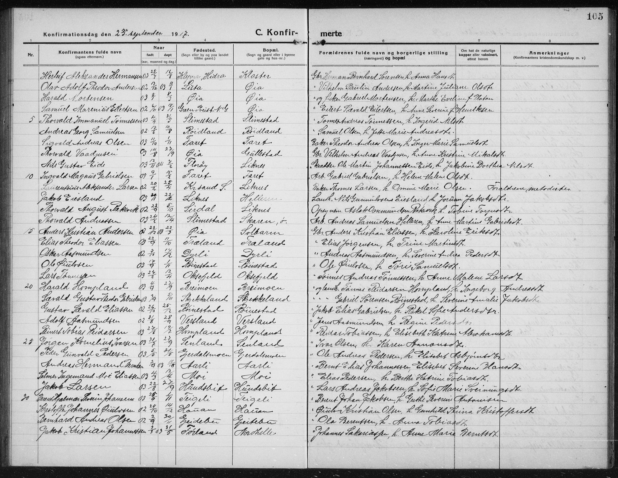 Kvinesdal sokneprestkontor, SAK/1111-0026/F/Fb/Fbb/L0004: Parish register (copy) no. B 4, 1917-1938, p. 105