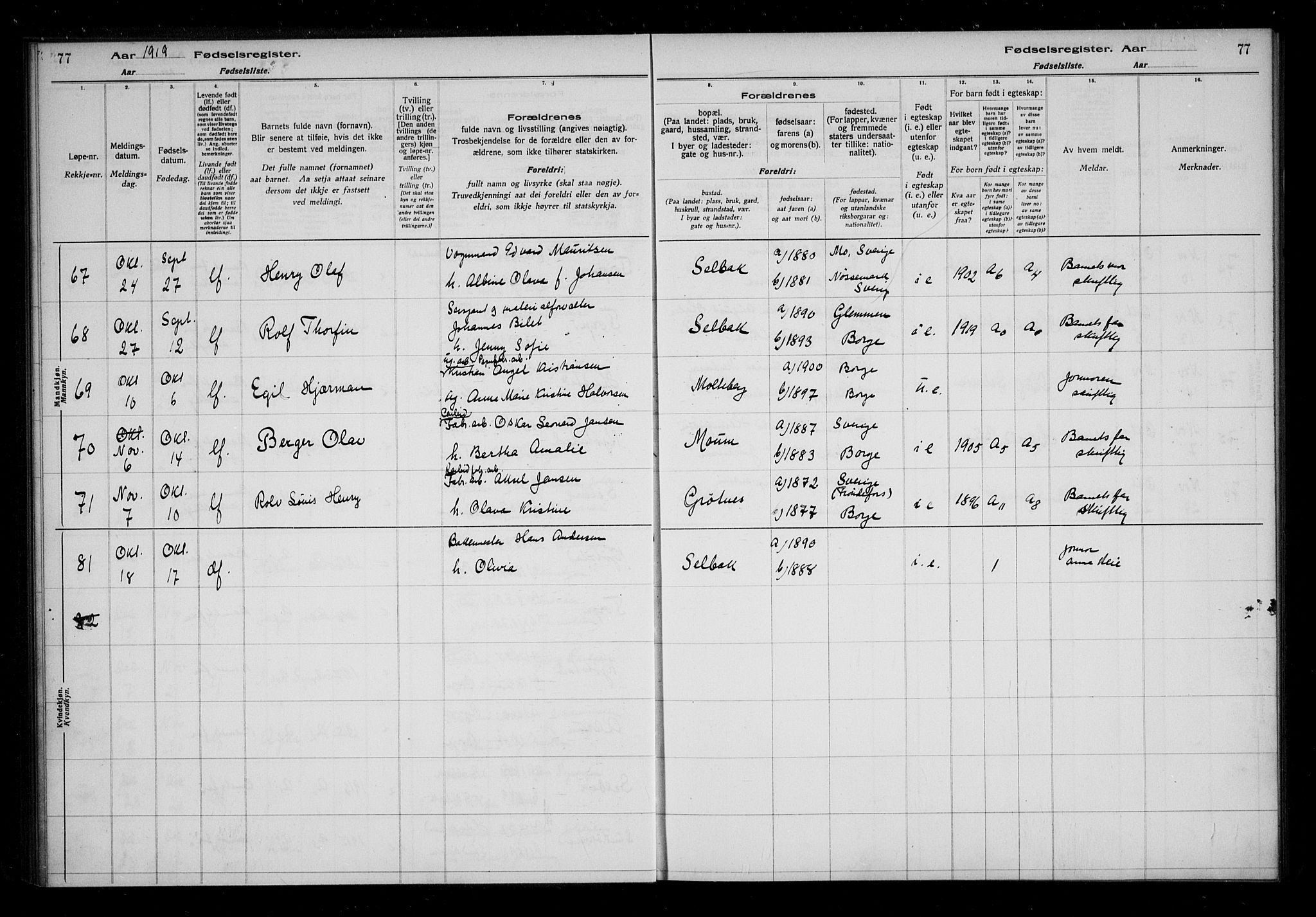 Borge prestekontor Kirkebøker, AV/SAO-A-10903/J/Ja/L0001: Birth register no. I 1, 1916-1925, p. 77