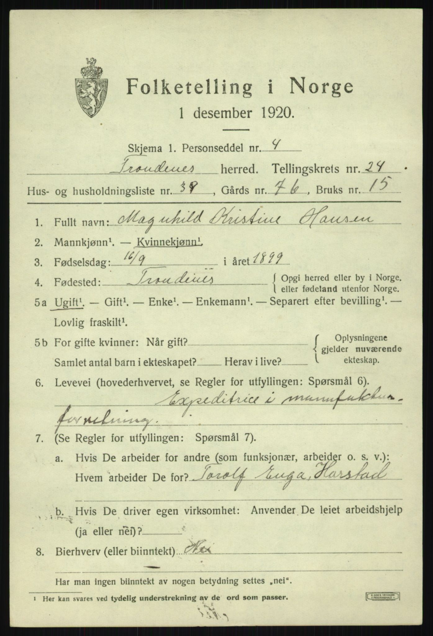 SATØ, 1920 census for Trondenes, 1920, p. 18398