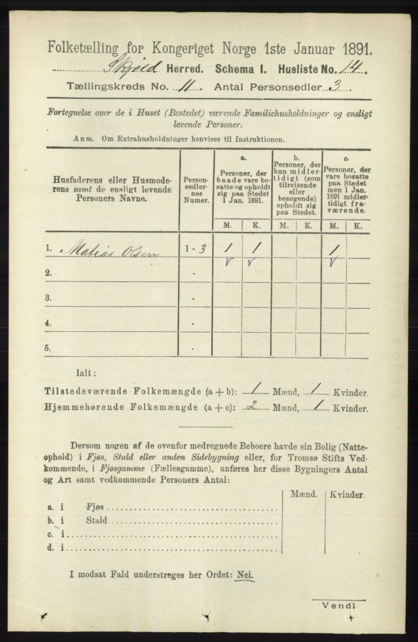 RA, 1891 census for 1154 Skjold, 1891, p. 2049