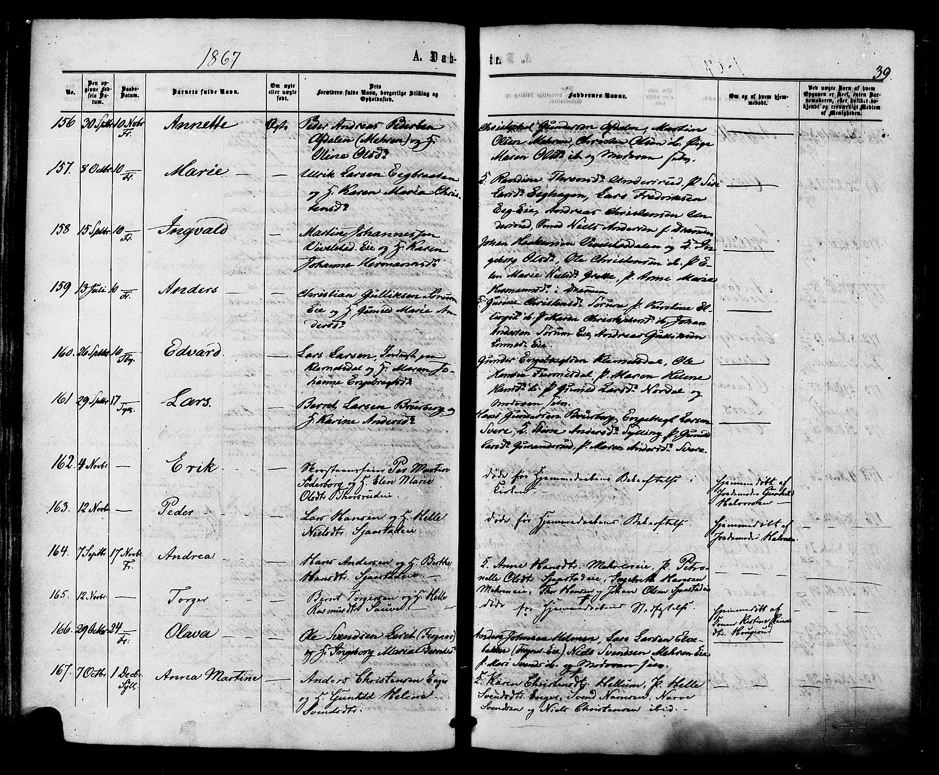 Lier kirkebøker, SAKO/A-230/F/Fa/L0013: Parish register (official) no. I 13, 1865-1874, p. 39
