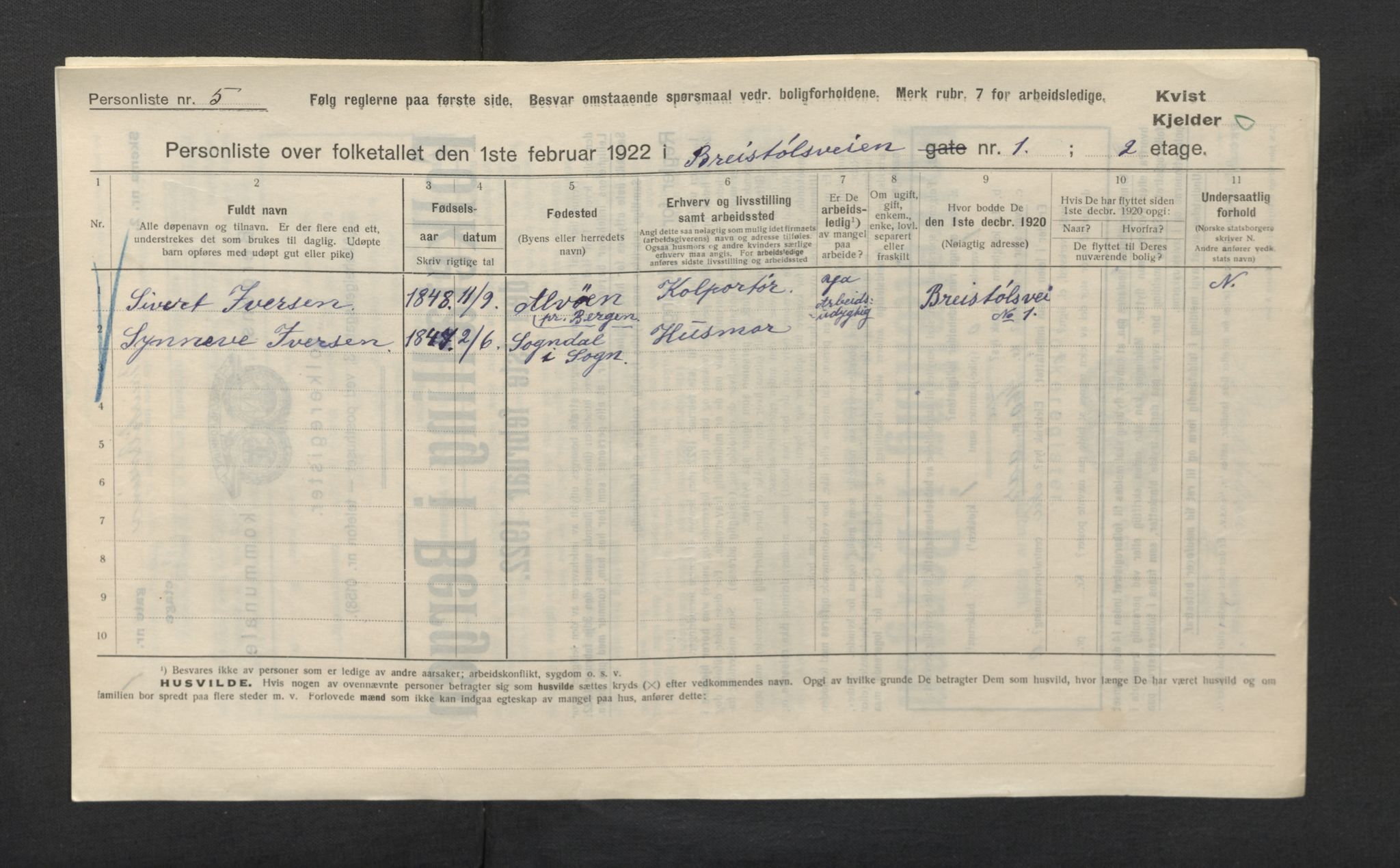 SAB, Municipal Census 1922 for Bergen, 1922, p. 4054