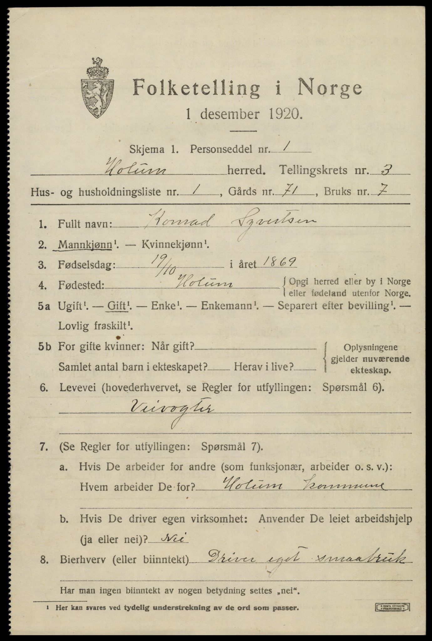 SAK, 1920 census for Holum, 1920, p. 1613