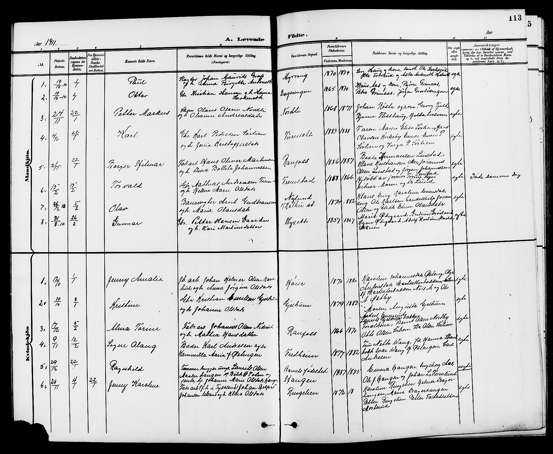 Vestre Toten prestekontor, SAH/PREST-108/H/Ha/Hab/L0010: Parish register (copy) no. 10, 1900-1912, p. 113