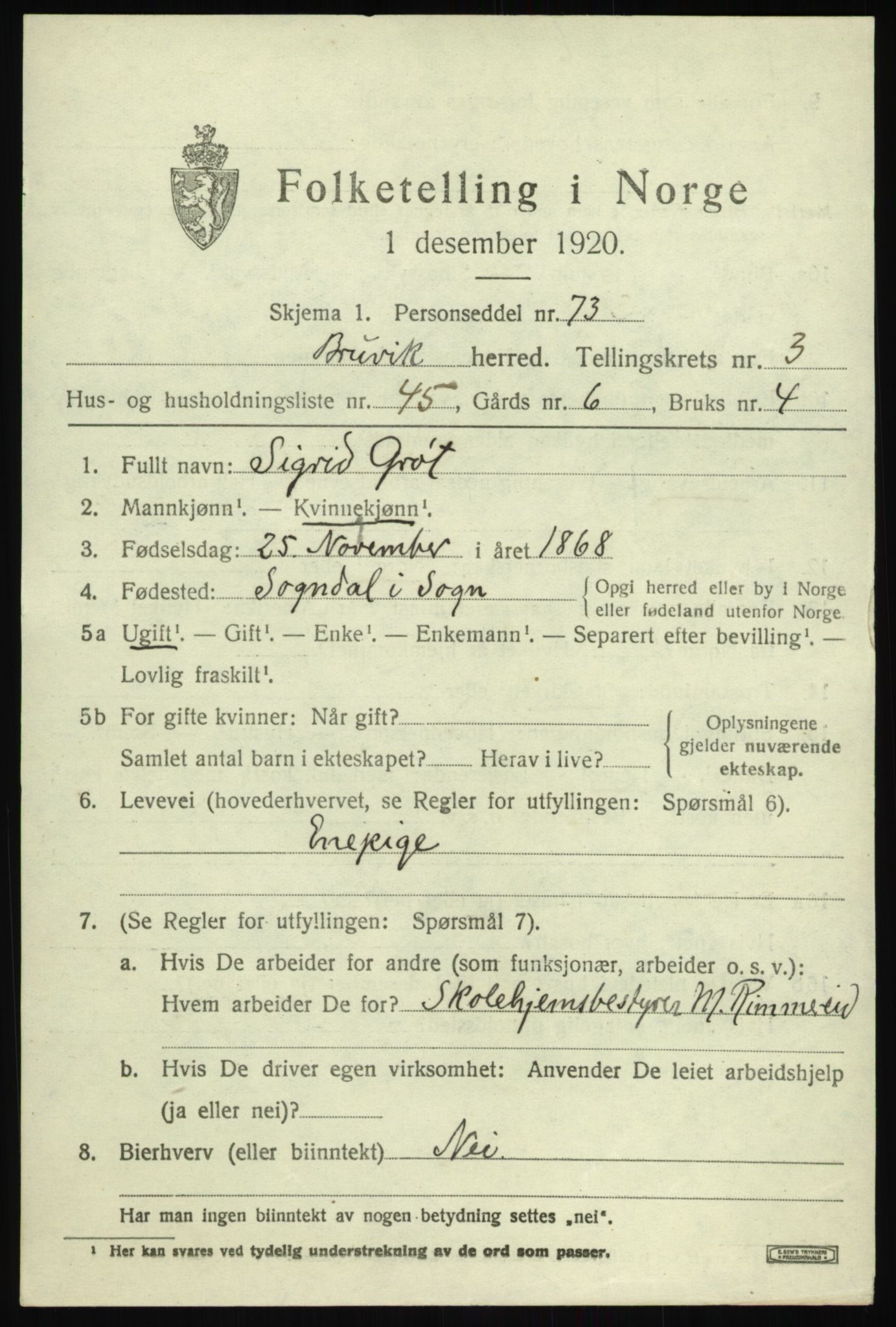 SAB, 1920 census for Bruvik, 1920, p. 2416