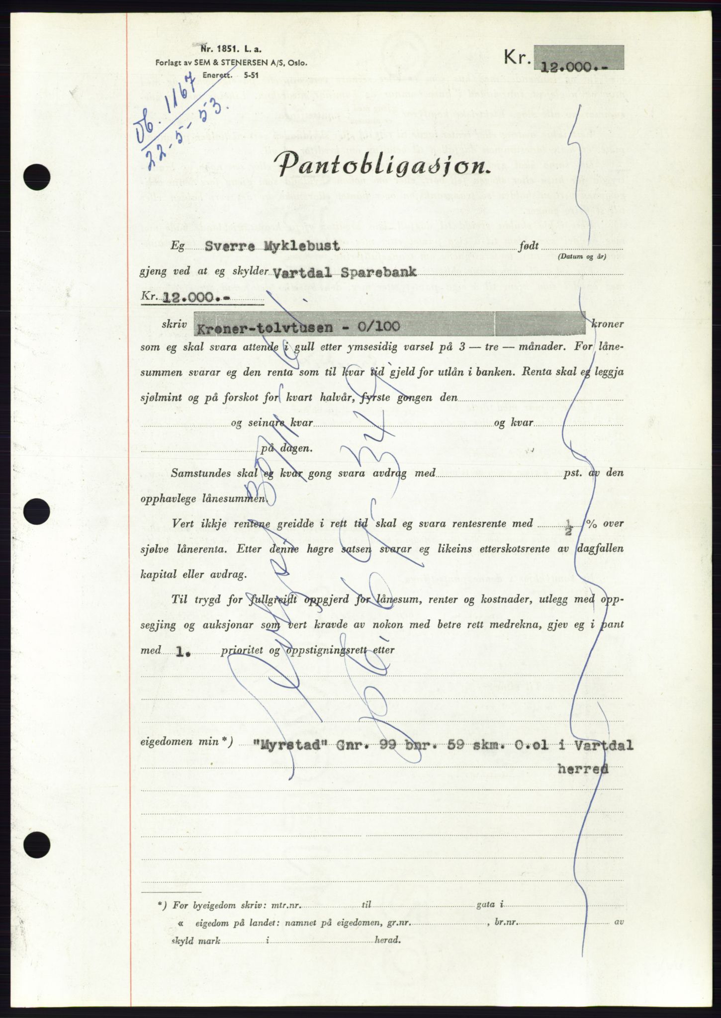 Søre Sunnmøre sorenskriveri, AV/SAT-A-4122/1/2/2C/L0123: Mortgage book no. 11B, 1953-1953, Diary no: : 1167/1953