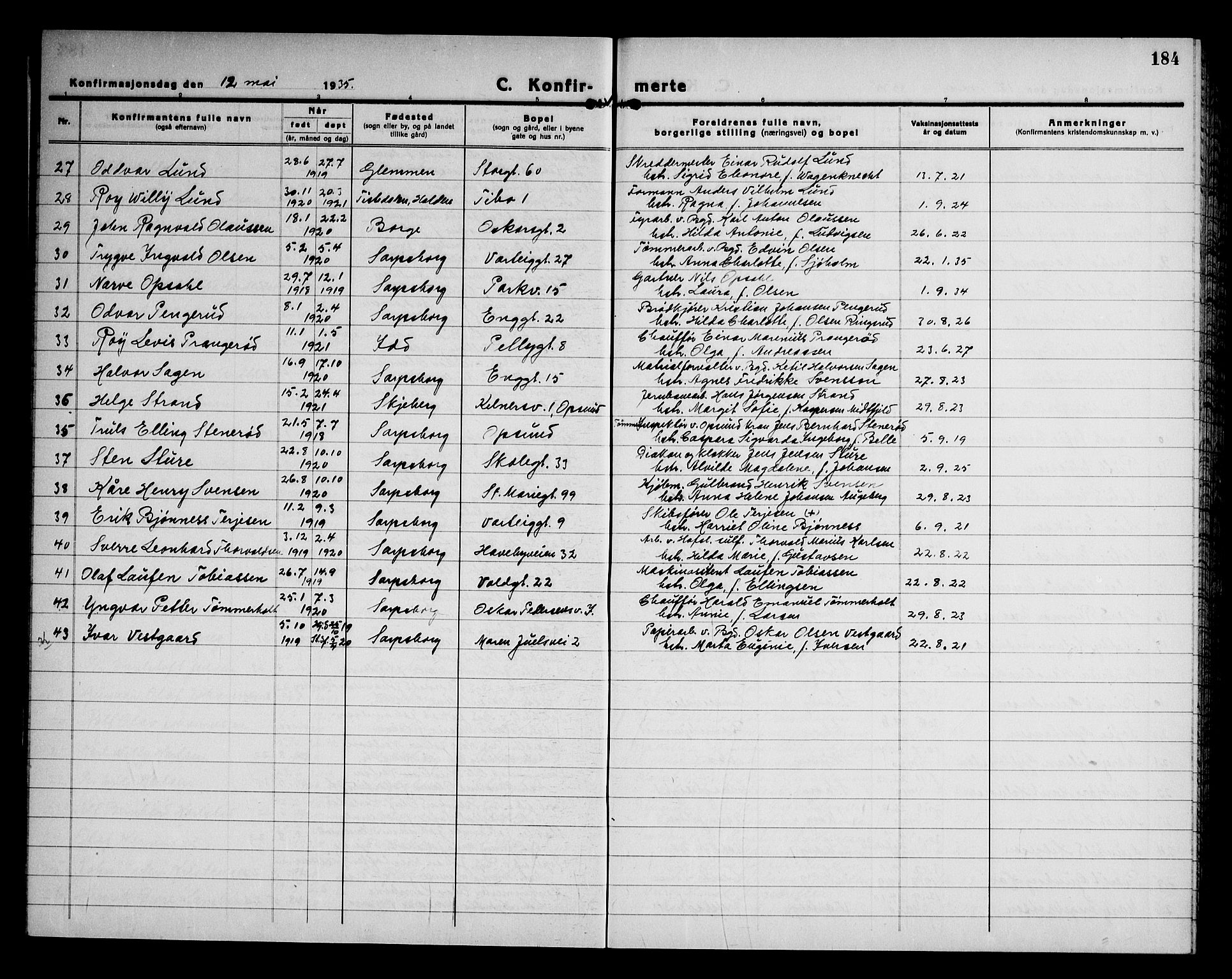 Sarpsborg prestekontor Kirkebøker, AV/SAO-A-2006/G/Ga/L0005: Parish register (copy) no. 5, 1932-1950, p. 184