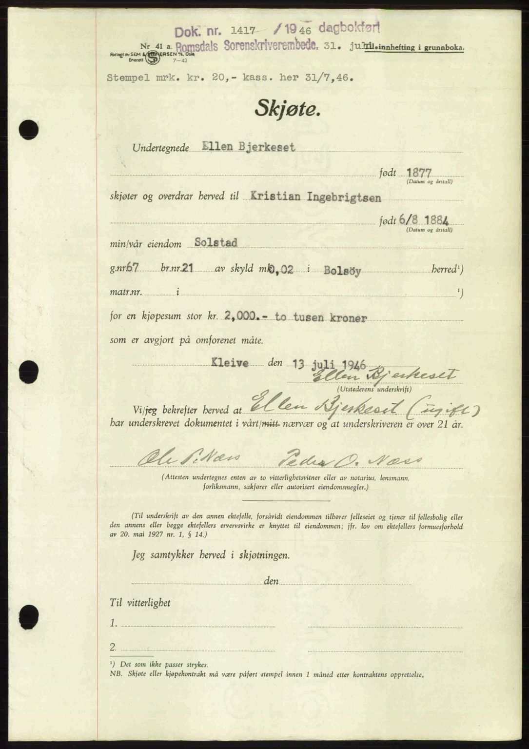 Romsdal sorenskriveri, AV/SAT-A-4149/1/2/2C: Mortgage book no. A20, 1946-1946, Diary no: : 1417/1946