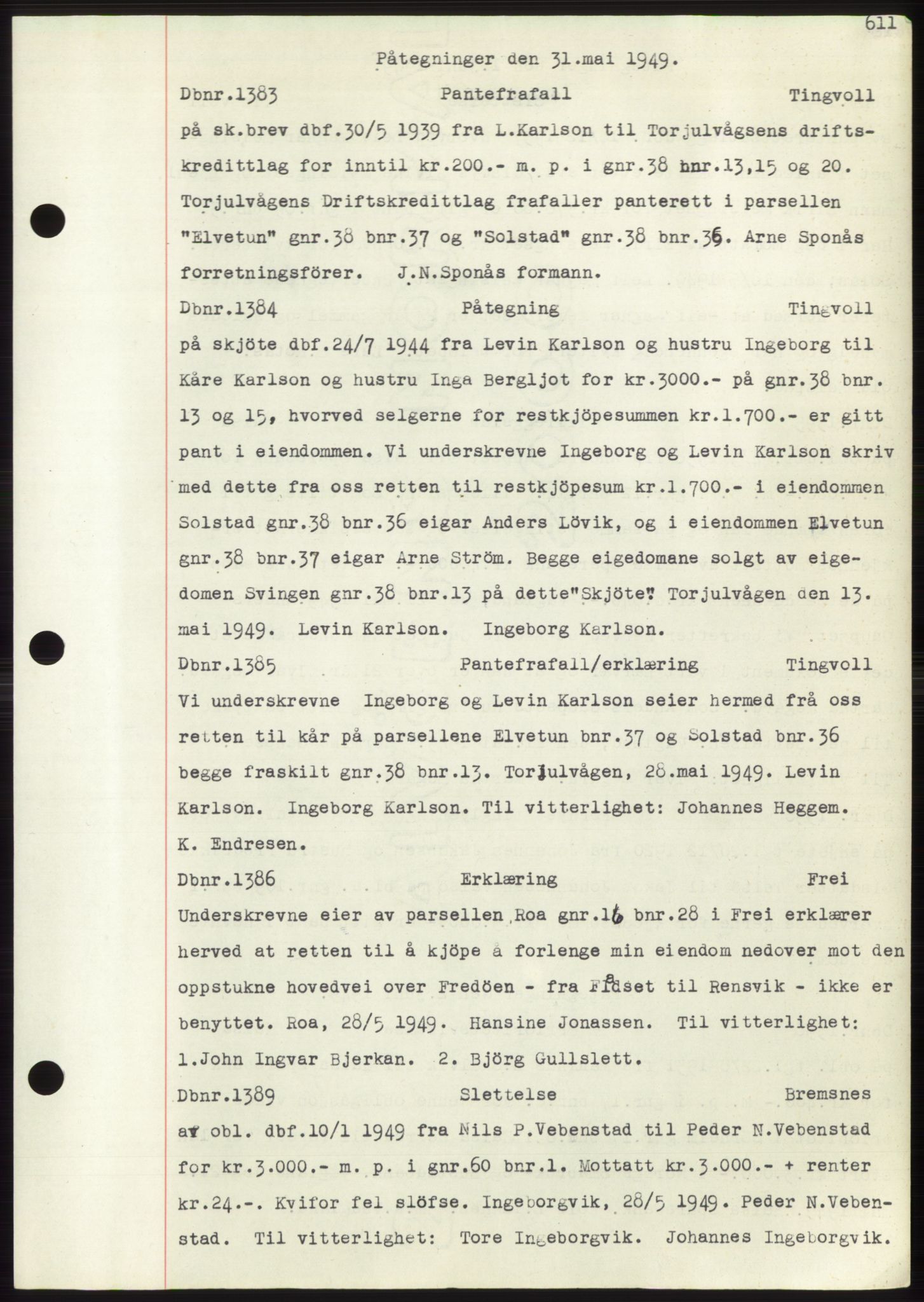 Nordmøre sorenskriveri, AV/SAT-A-4132/1/2/2Ca: Mortgage book no. C82b, 1946-1951, Diary no: : 1383/1949