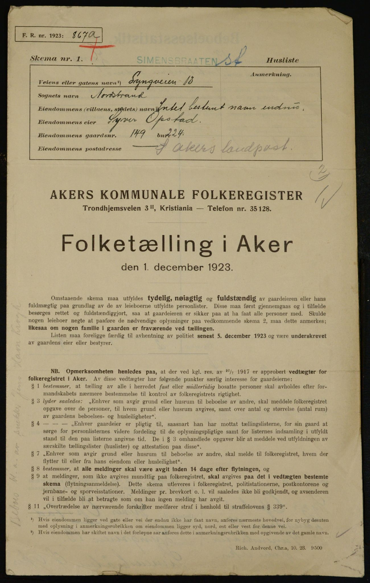 , Municipal Census 1923 for Aker, 1923, p. 41980