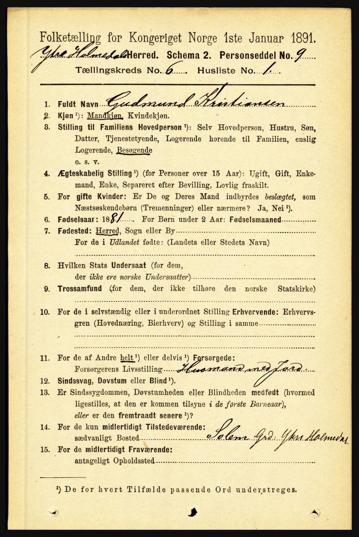 RA, 1891 census for 1429 Ytre Holmedal, 1891, p. 1340