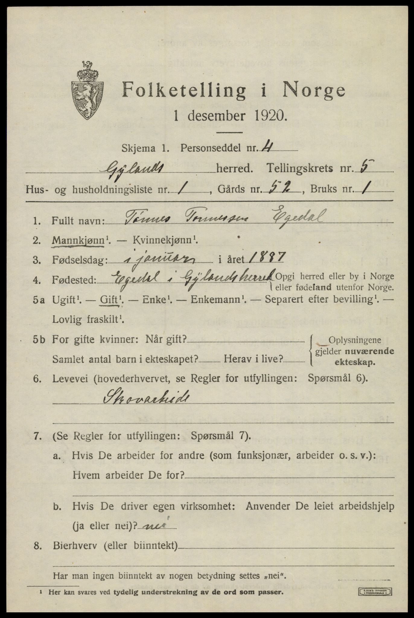 SAK, 1920 census for Gyland, 1920, p. 1194