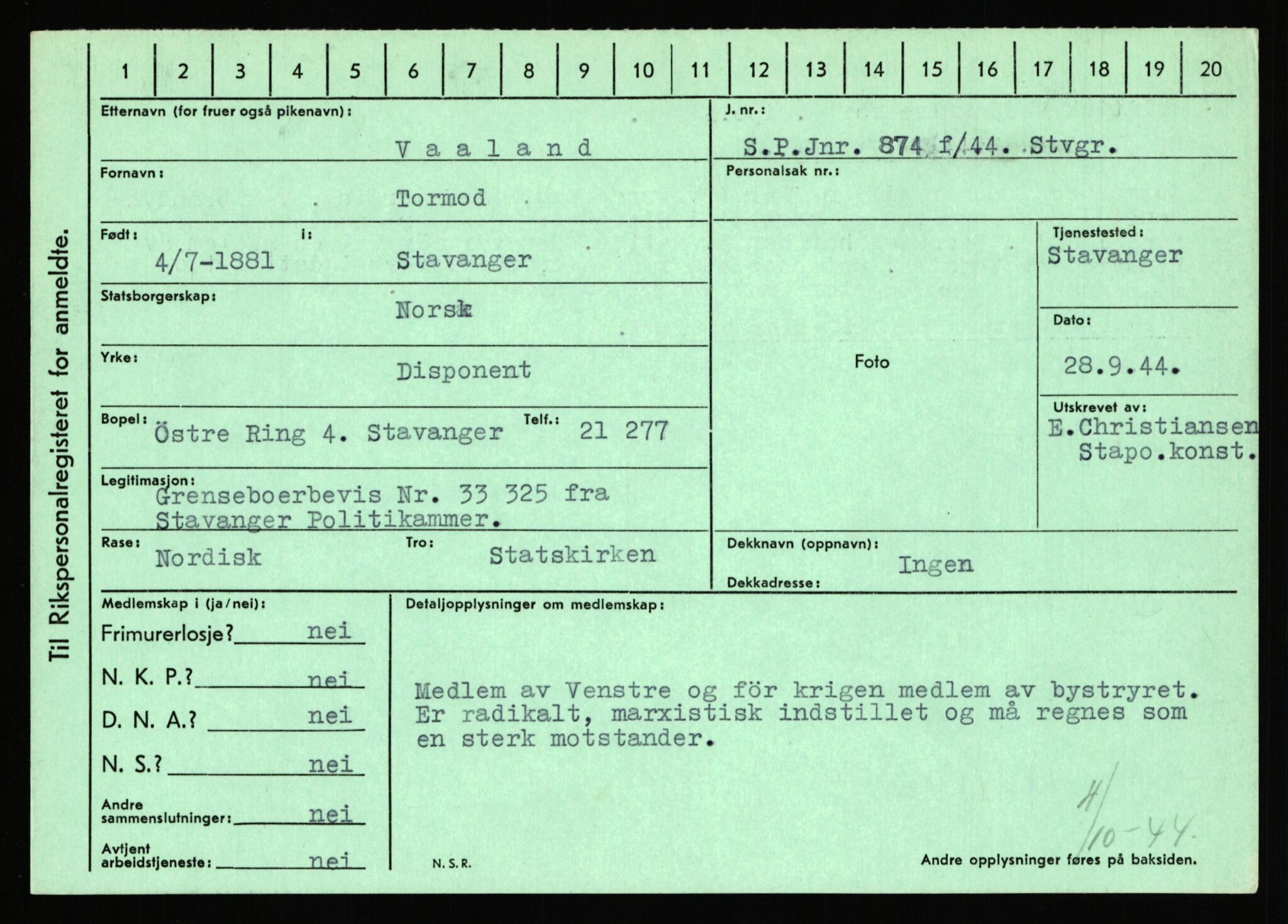 Statspolitiet - Hovedkontoret / Osloavdelingen, AV/RA-S-1329/C/Ca/L0016: Uberg - Øystese, 1943-1945, p. 467