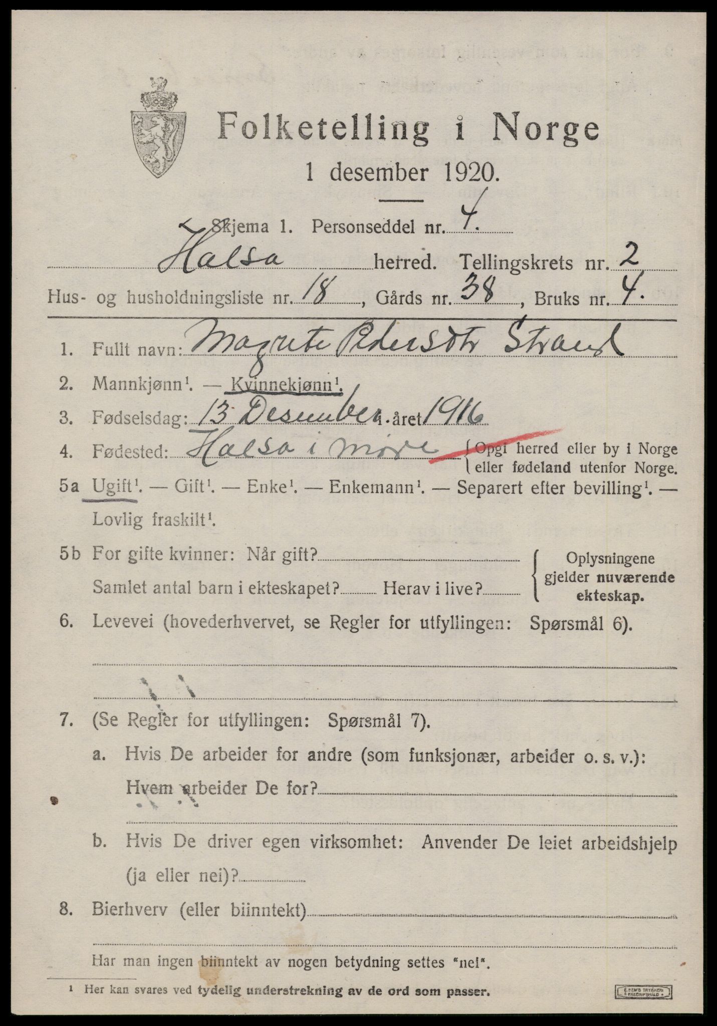 SAT, 1920 census for Halsa, 1920, p. 1096