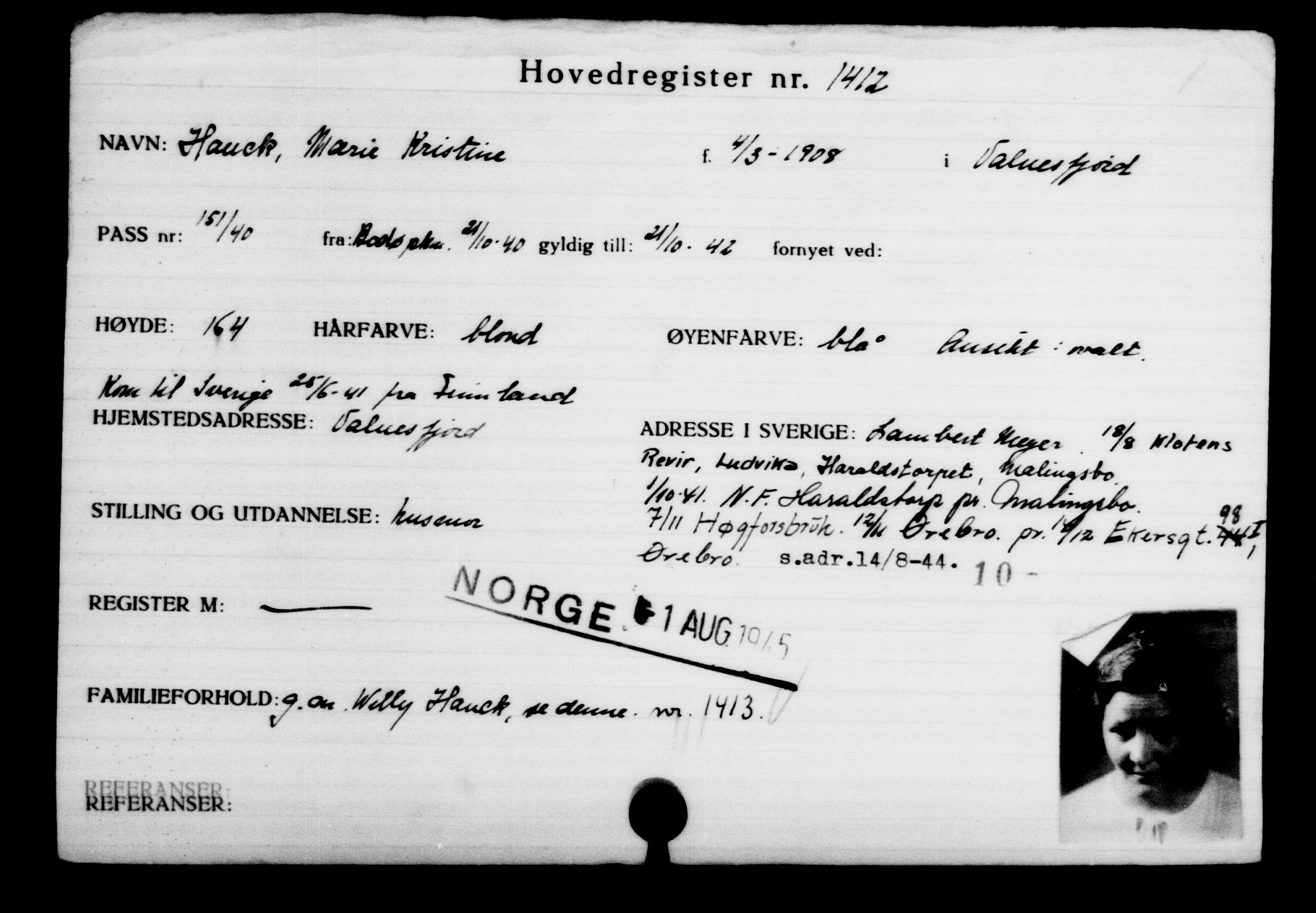 Utenriksstasjonene, Legasjonen i Stockholm, Flyktningkontoret, AV/RA-S-6753/V/Va/L0002: Kjesäterkartoteket, flyktninger med registreringsnr. 1001-2000, 1940-1945, p. 582