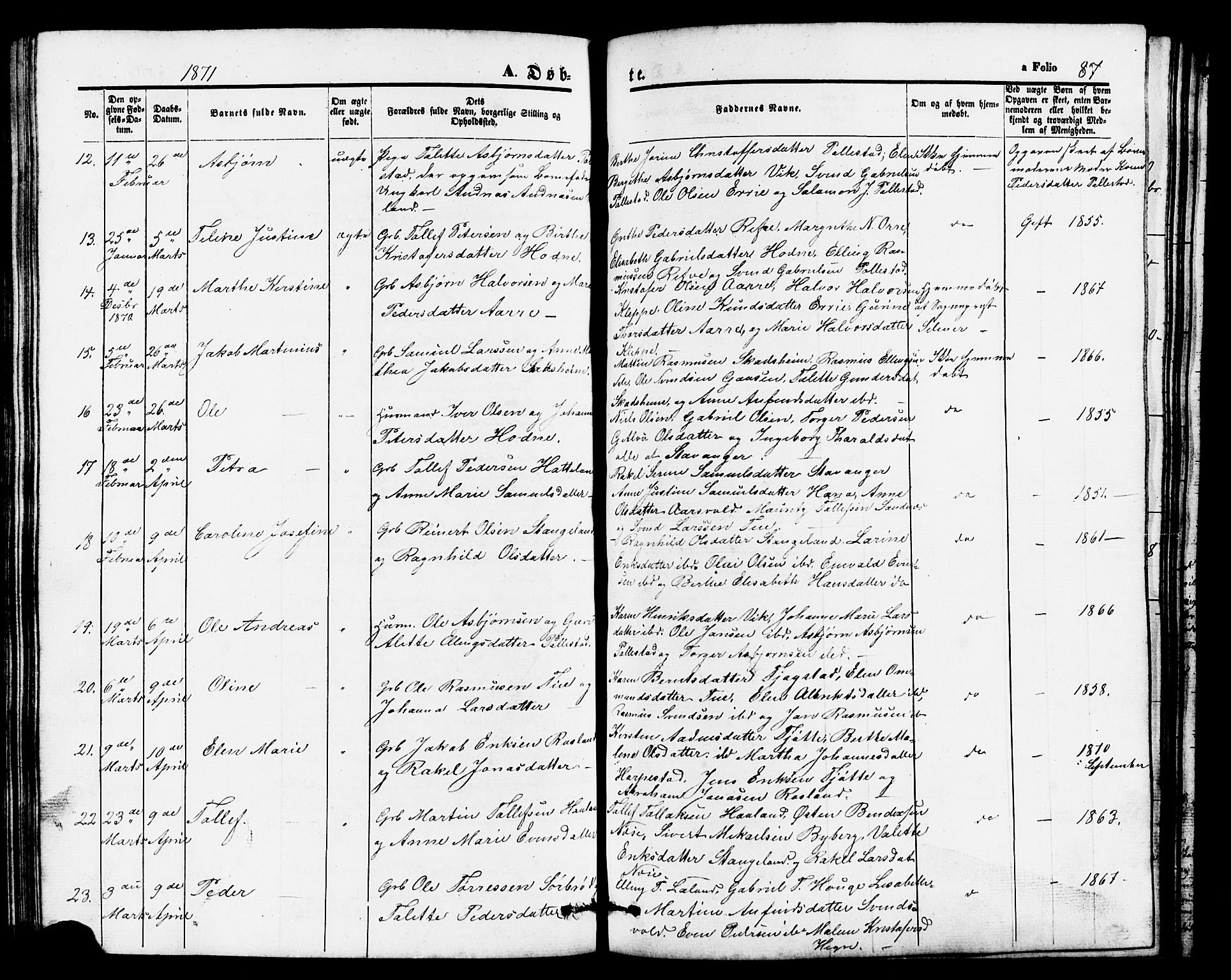 Klepp sokneprestkontor, AV/SAST-A-101803/001/3/30BB/L0002: Parish register (copy) no. B 2, 1860-1875, p. 87