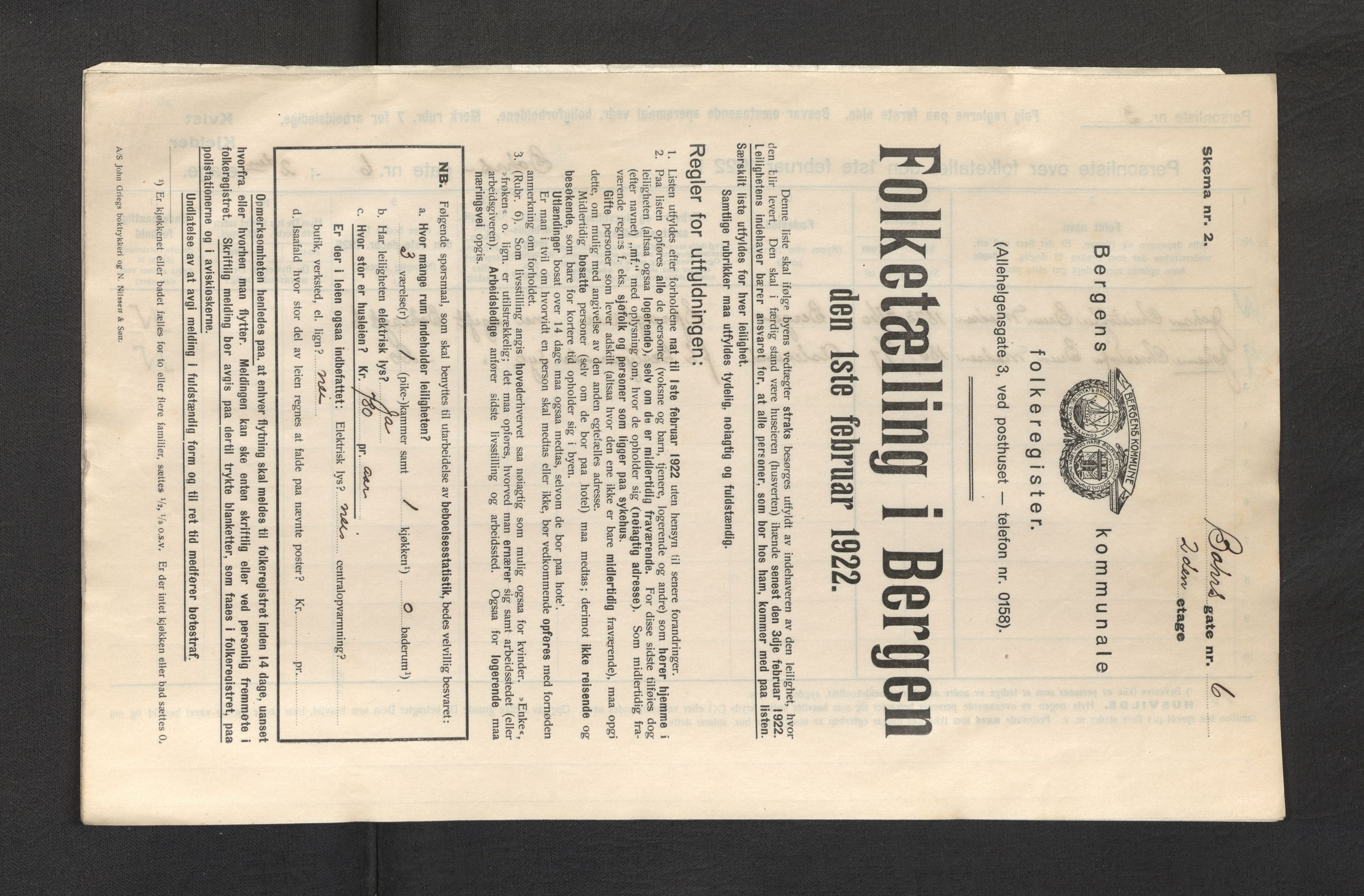 SAB, Municipal Census 1922 for Bergen, 1922, p. 3725