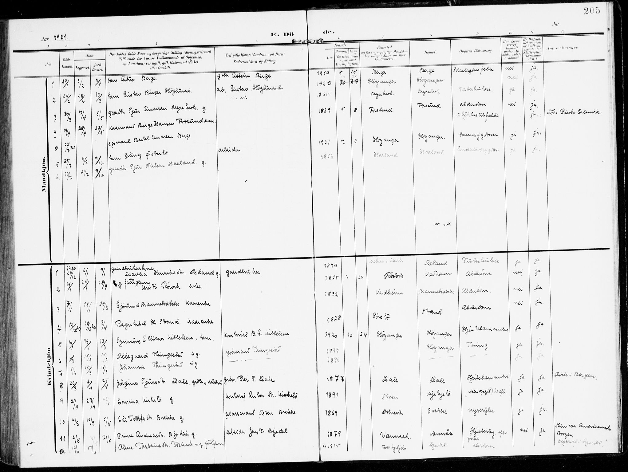 Lavik sokneprestembete, AV/SAB-A-80901: Parish register (official) no. C 2, 1904-1921, p. 205