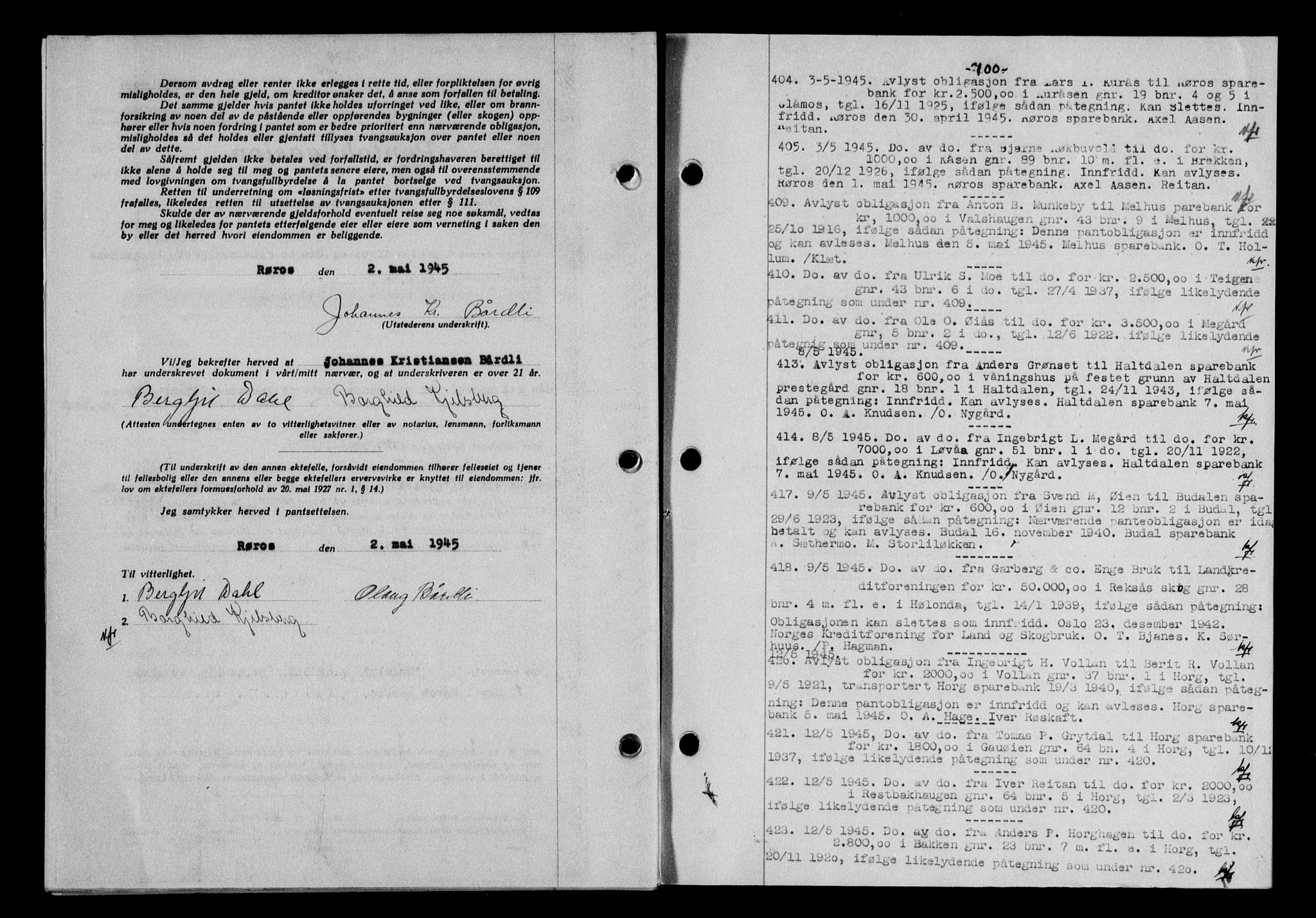 Gauldal sorenskriveri, SAT/A-0014/1/2/2C/L0058: Mortgage book no. 63, 1944-1945, Diary no: : 404/1945