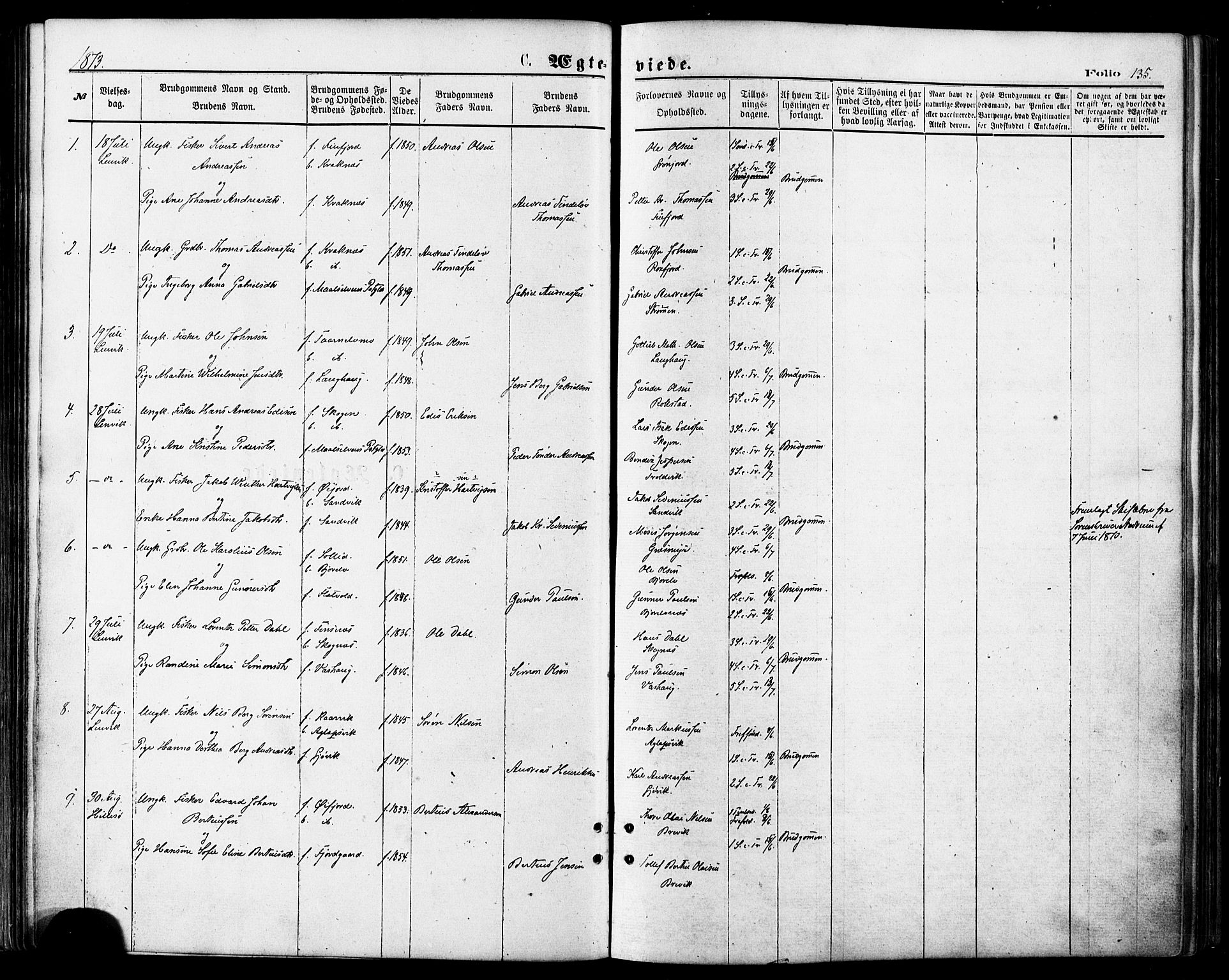 Lenvik sokneprestembete, AV/SATØ-S-1310/H/Ha/Haa/L0010kirke: Parish register (official) no. 10, 1873-1880, p. 135