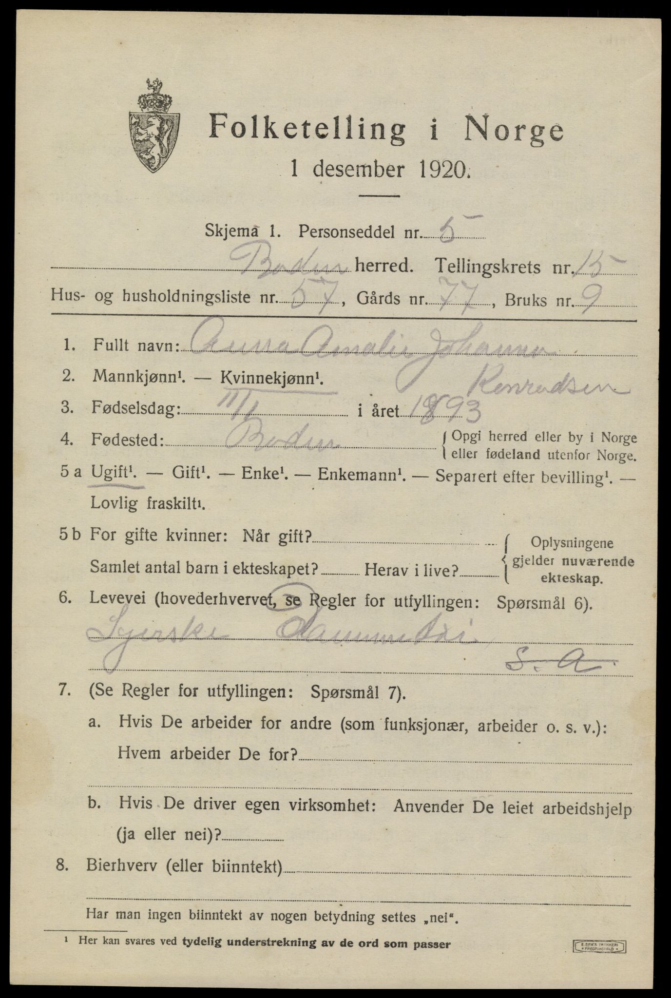 SAT, 1920 census for Bodin, 1920, p. 11490