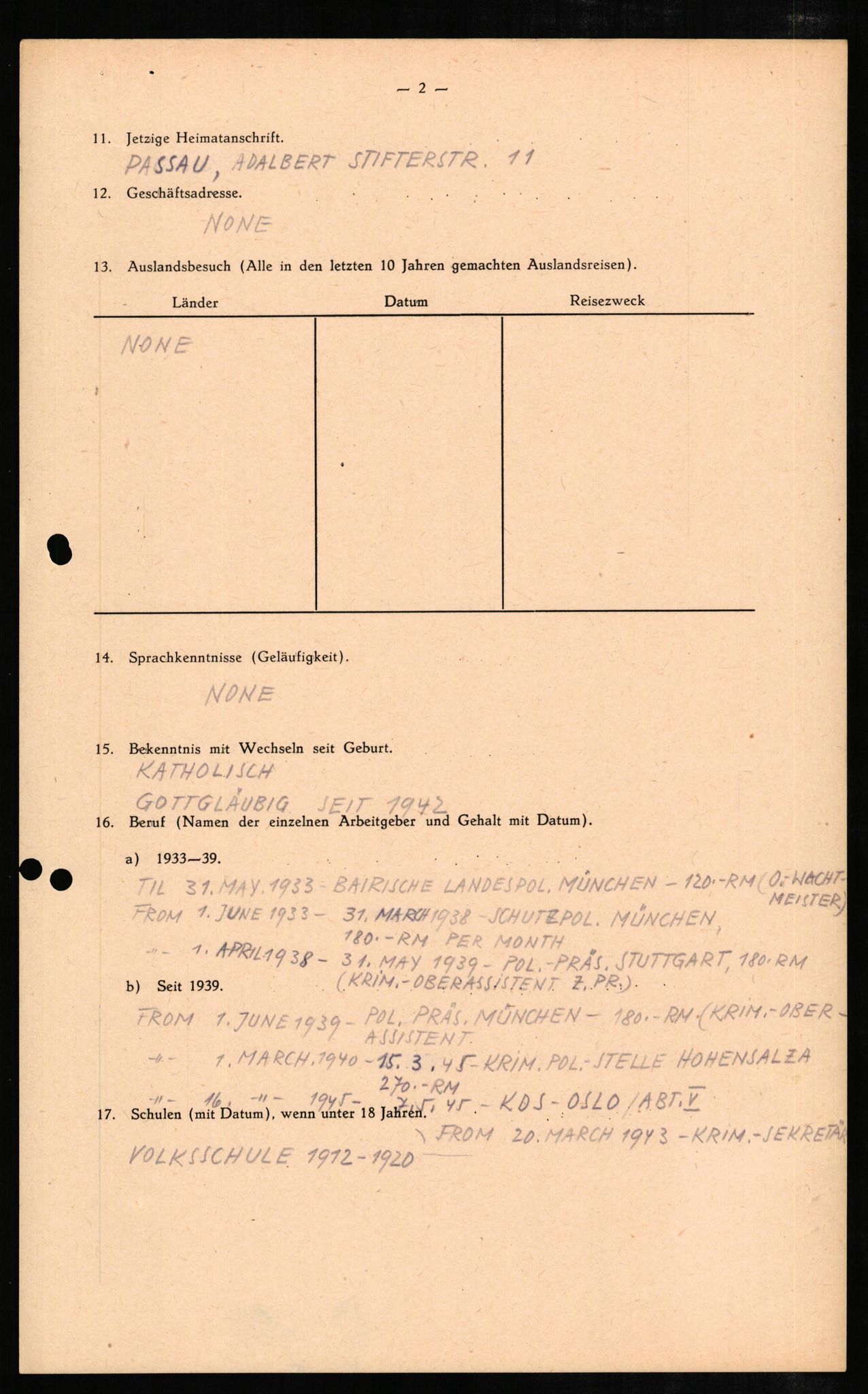 Forsvaret, Forsvarets overkommando II, RA/RAFA-3915/D/Db/L0007: CI Questionaires. Tyske okkupasjonsstyrker i Norge. Tyskere., 1945-1946, p. 42