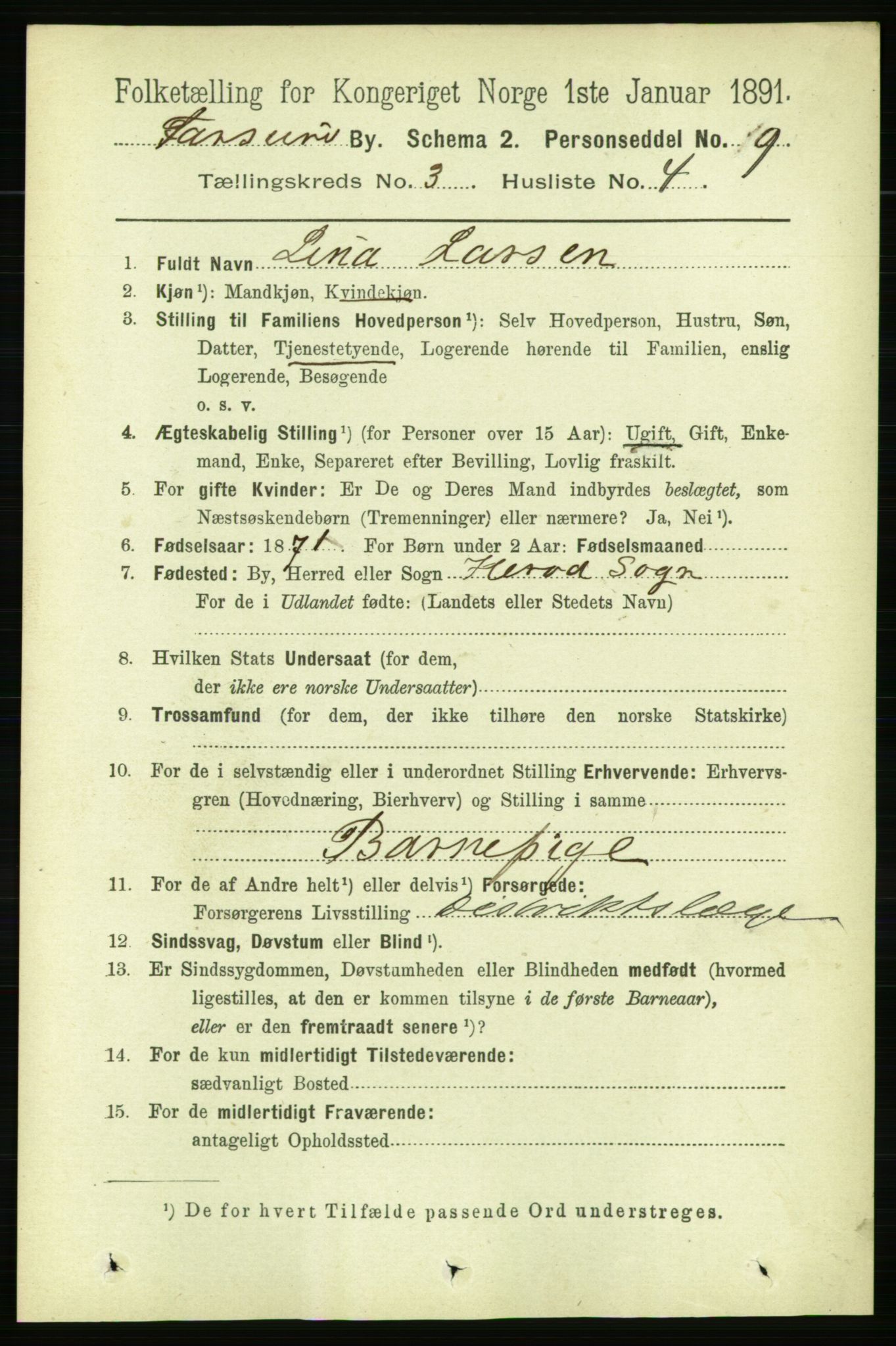 RA, 1891 census for 1003 Farsund, 1891, p. 1336