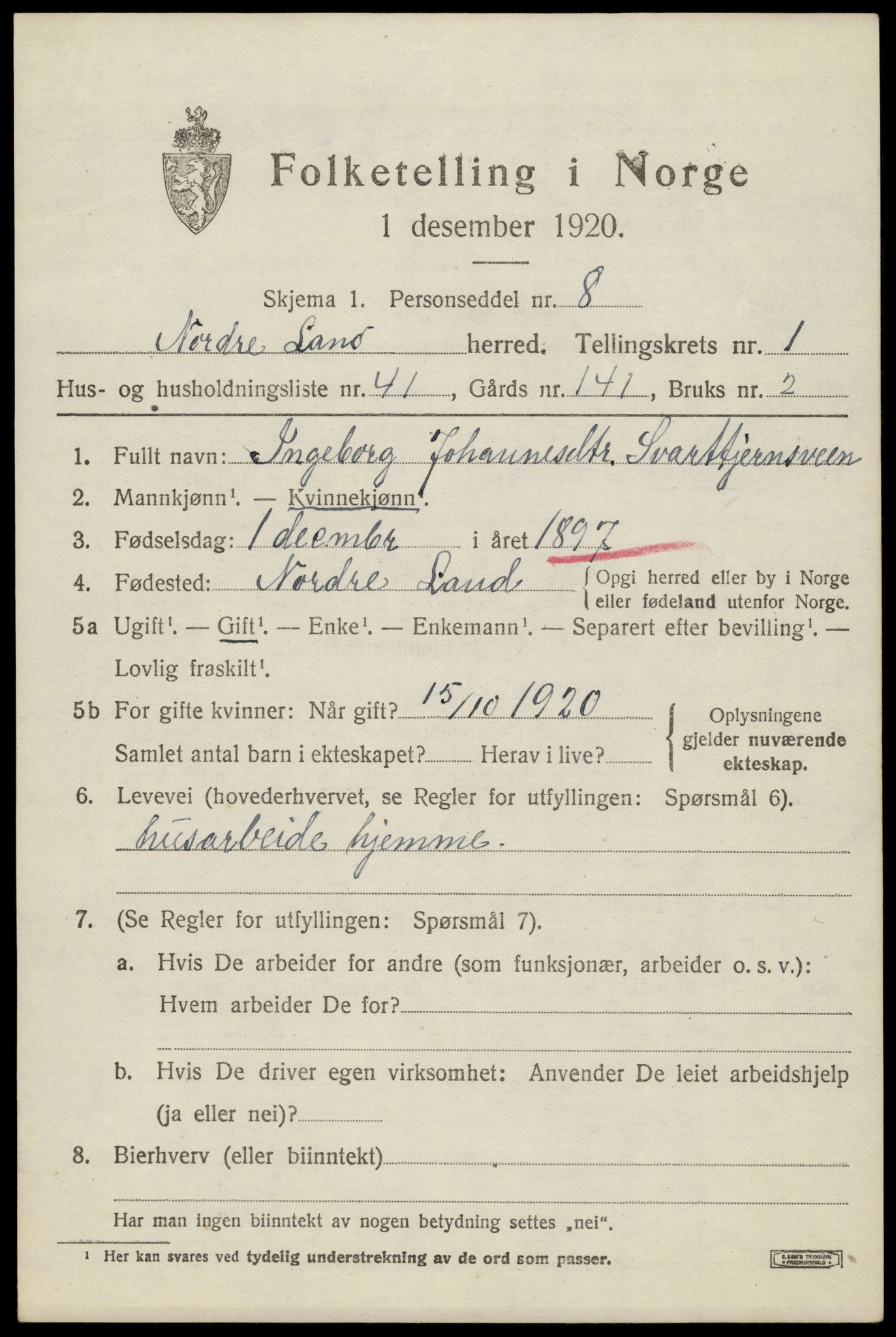 SAH, 1920 census for Nordre Land, 1920, p. 1572