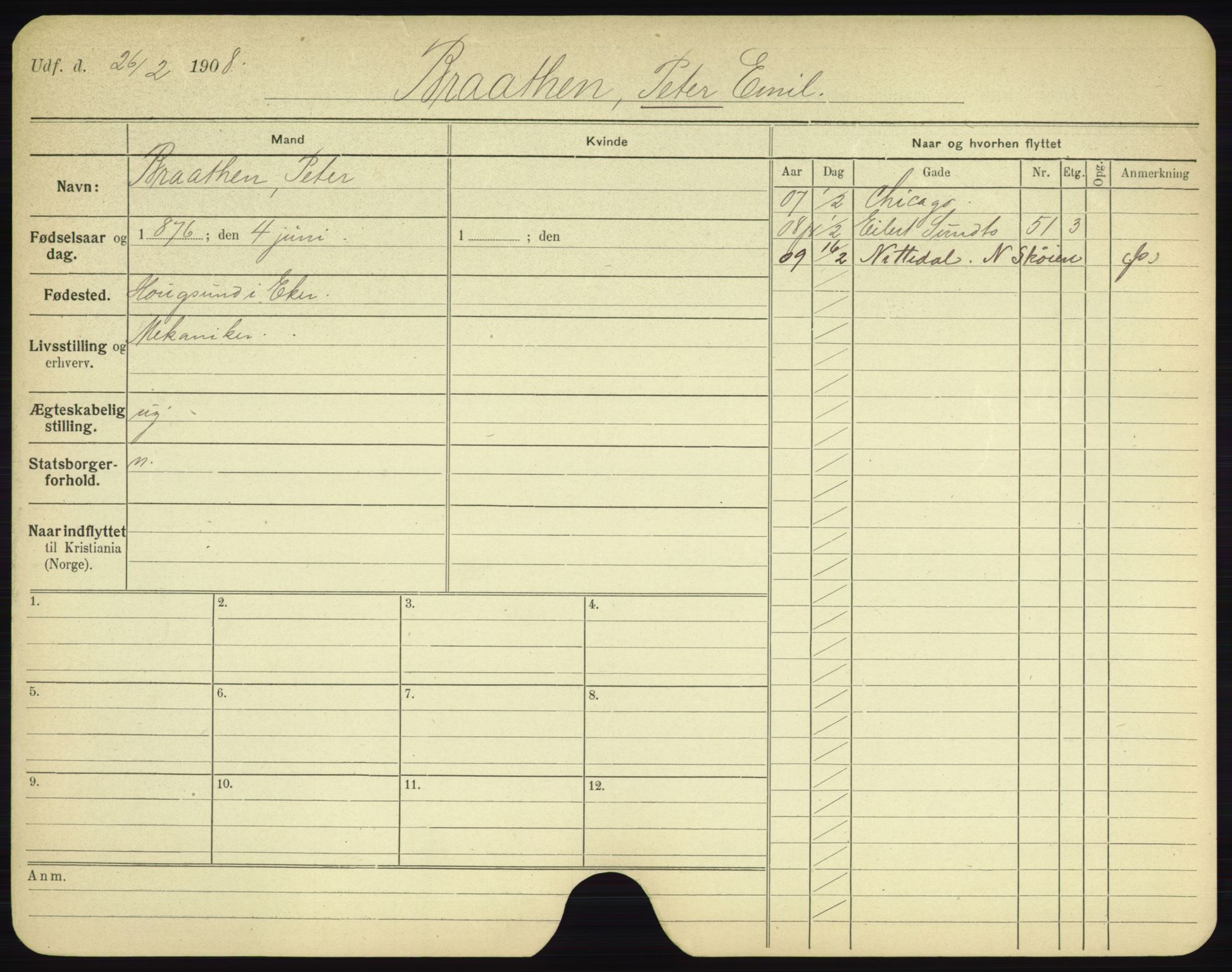 Oslo folkeregister, Registerkort, AV/SAO-A-11715/F/Fa/Fac/L0002: Menn, 1906-1914, p. 196a