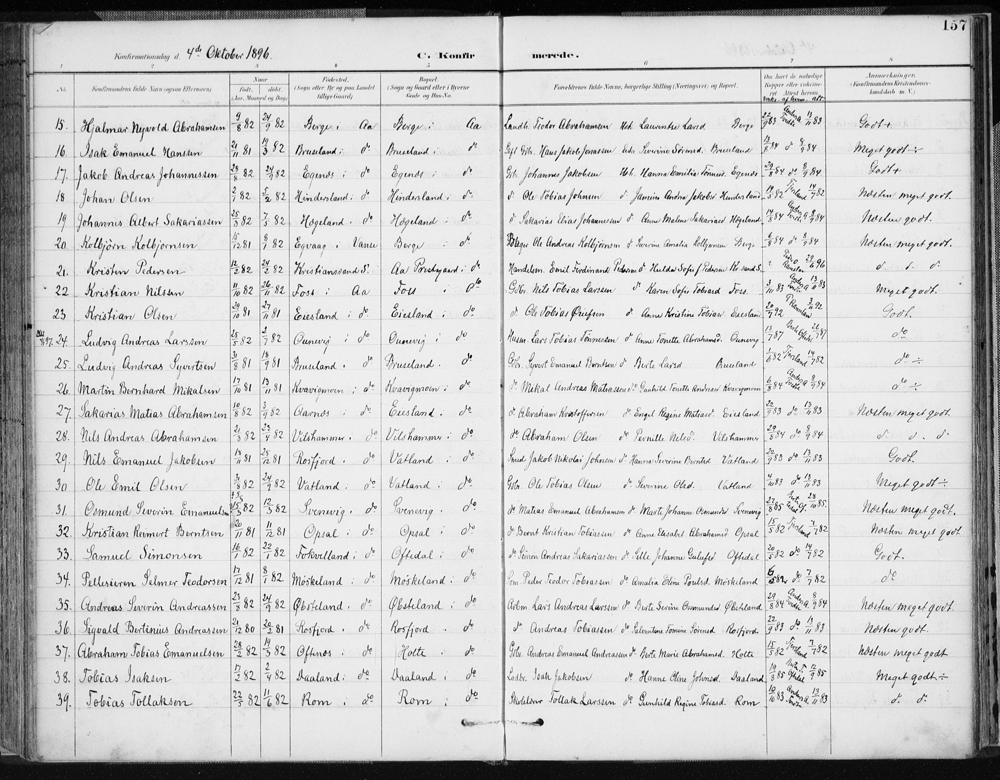 Lyngdal sokneprestkontor, AV/SAK-1111-0029/F/Fa/Fac/L0012: Parish register (official) no. A 12, 1894-1918, p. 157