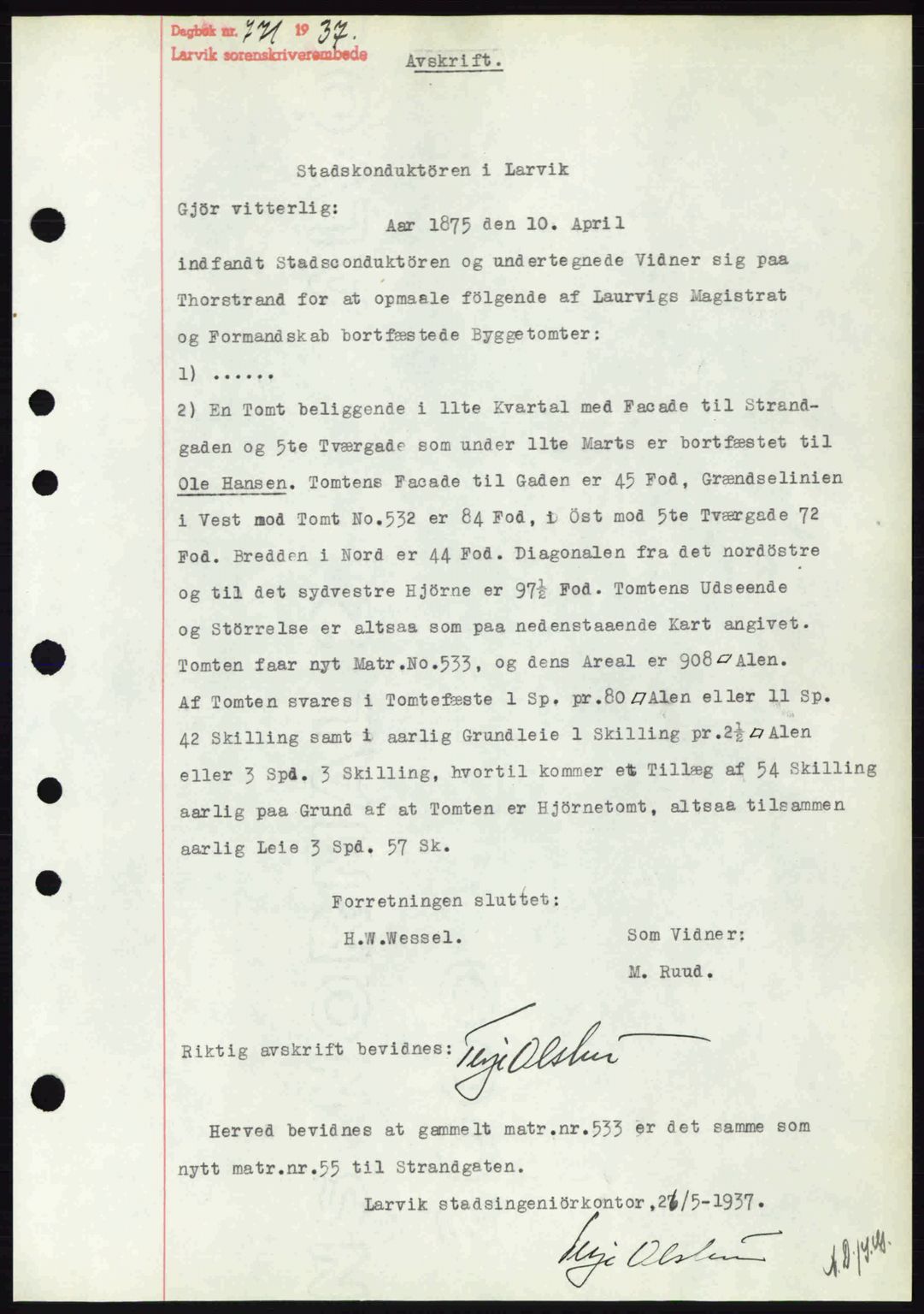 Larvik sorenskriveri, SAKO/A-83/G/Ga/Gab/L0067: Mortgage book no. A-1, 1936-1937, Diary no: : 771/1937