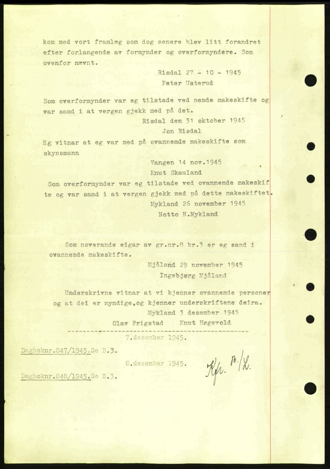 Nedenes sorenskriveri, SAK/1221-0006/G/Gb/Gba/L0053: Mortgage book no. A6b, 1945-1945, Diary no: : 847/1945