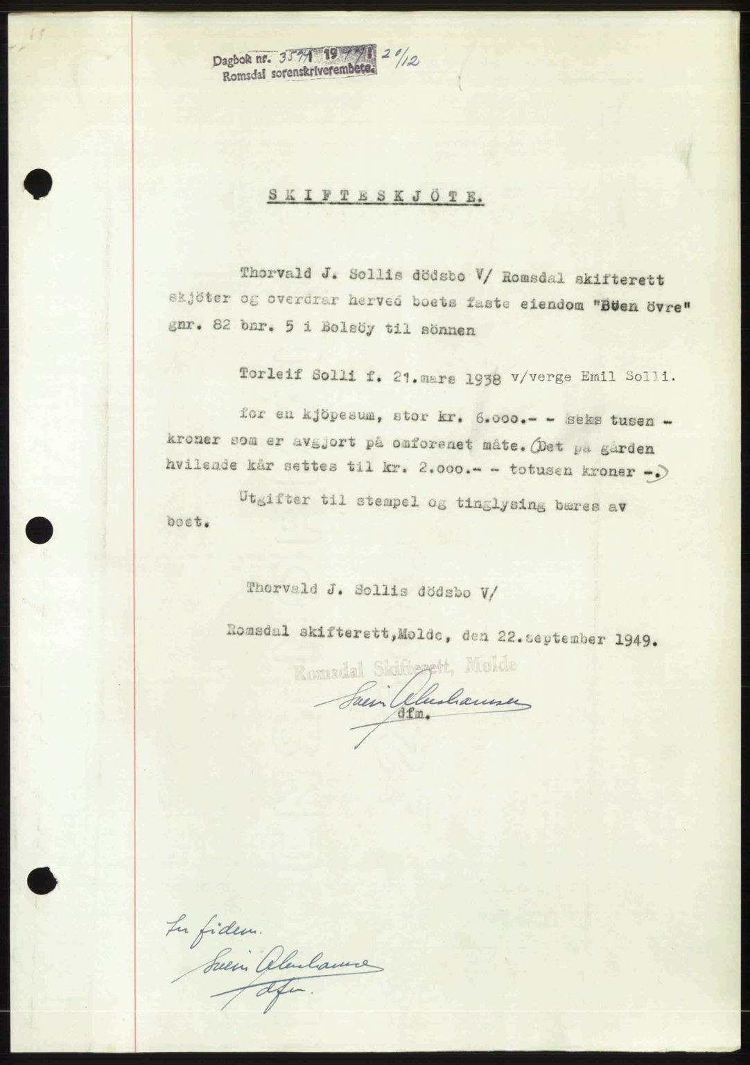 Romsdal sorenskriveri, AV/SAT-A-4149/1/2/2C: Mortgage book no. A31, 1949-1949, Diary no: : 3594/1949