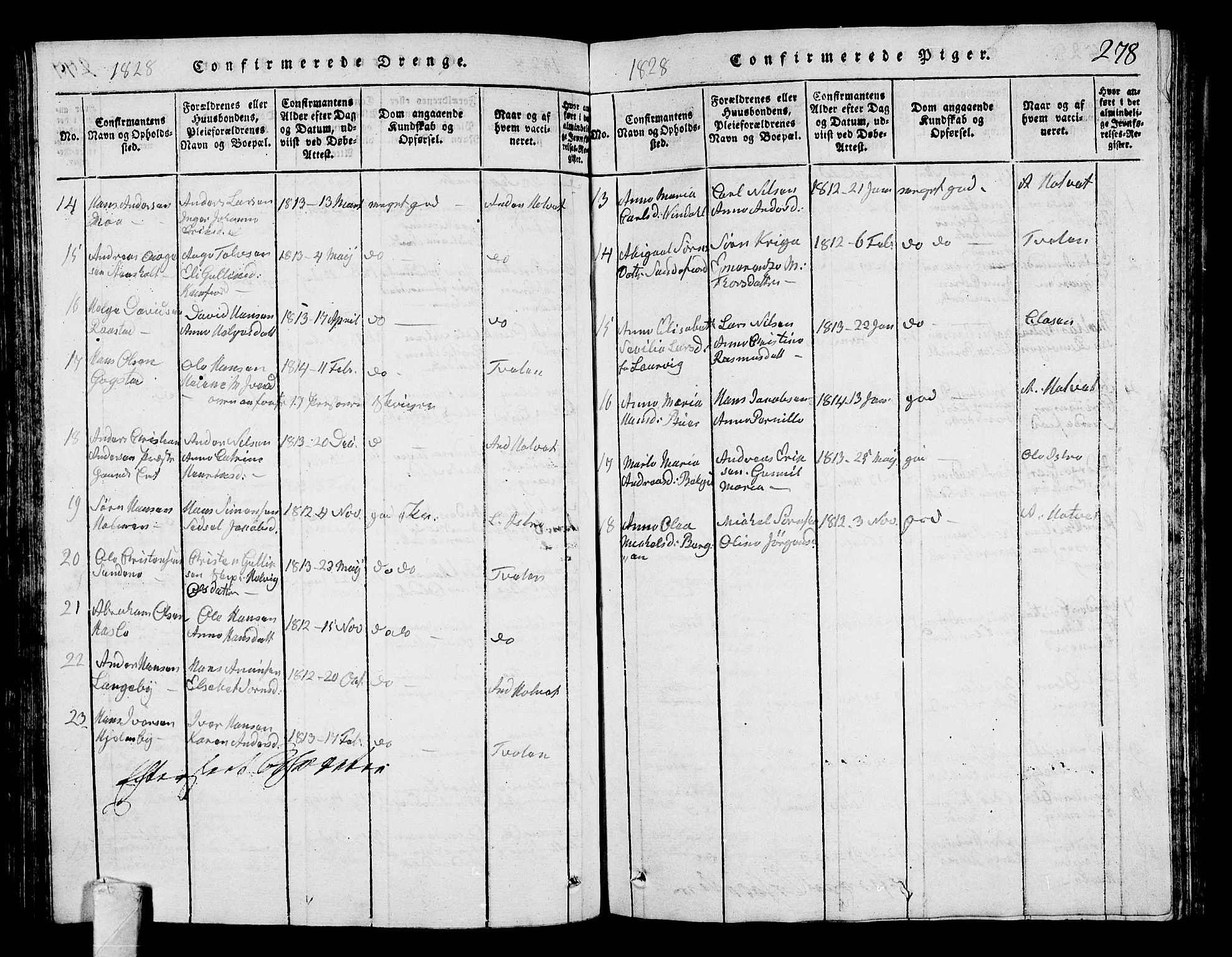 Sandar kirkebøker, AV/SAKO-A-243/G/Ga/L0001: Parish register (copy) no. 1, 1814-1835, p. 278