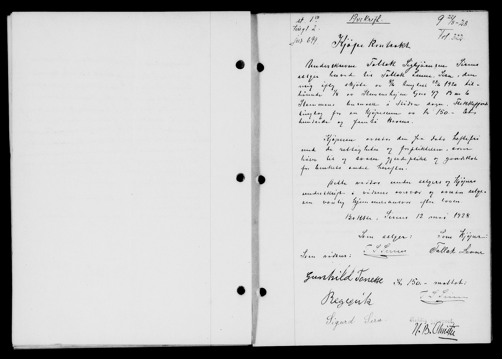 Flekkefjord sorenskriveri, SAK/1221-0001/G/Gb/Gba/L0044: Mortgage book no. 42, 1928-1929, Deed date: 22.05.1928