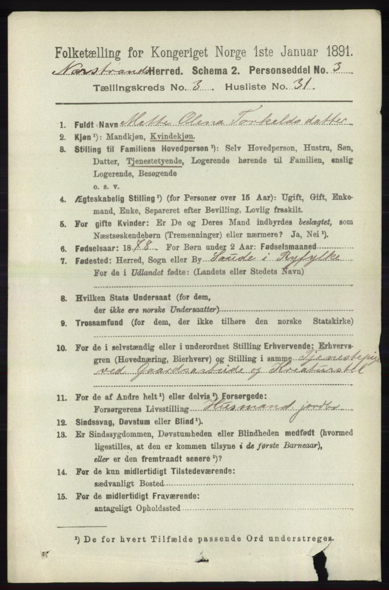 RA, 1891 census for 1139 Nedstrand, 1891, p. 619