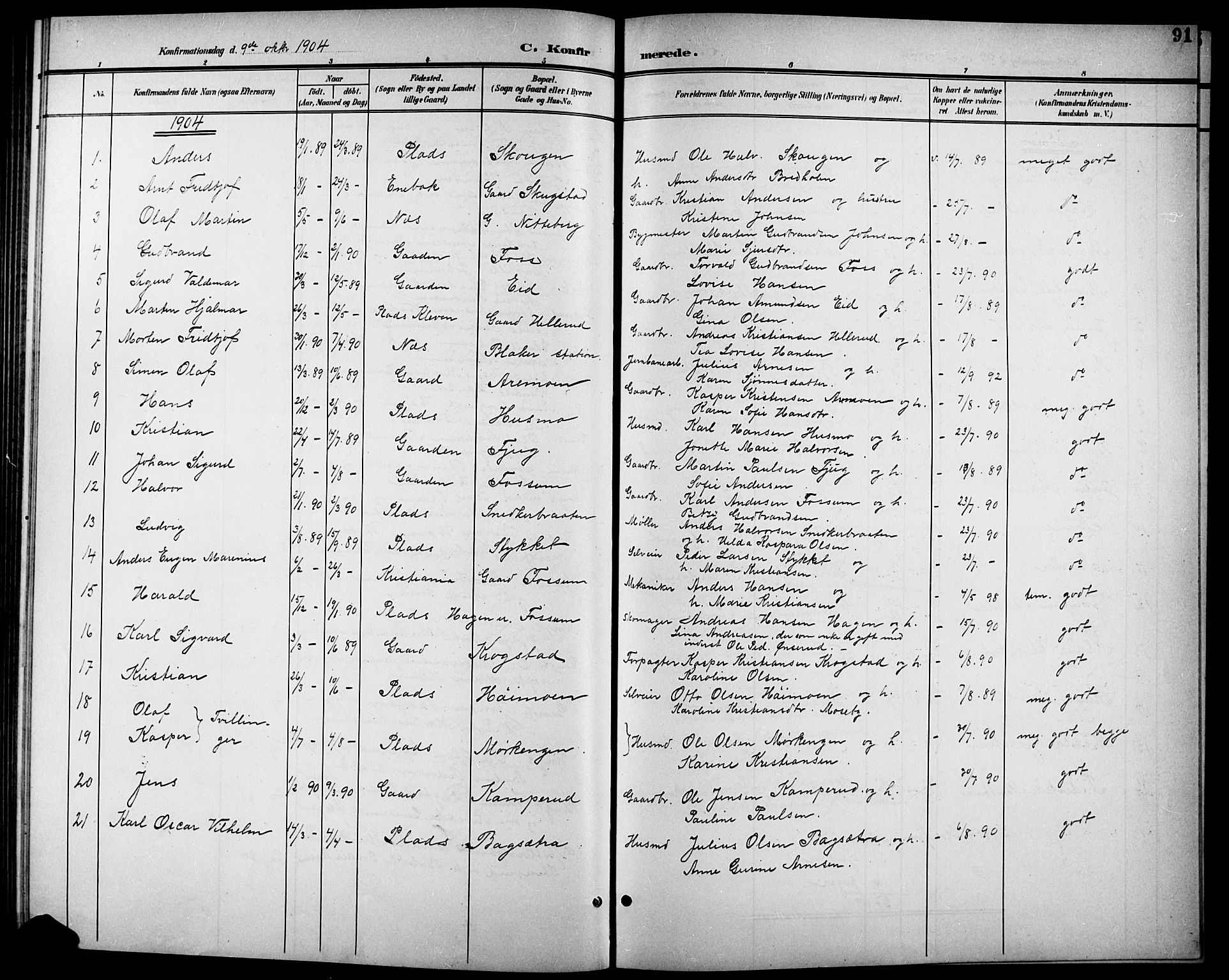 Aurskog prestekontor Kirkebøker, SAO/A-10304a/G/Gb/L0002: Parish register (copy) no. II 2, 1901-1926, p. 91
