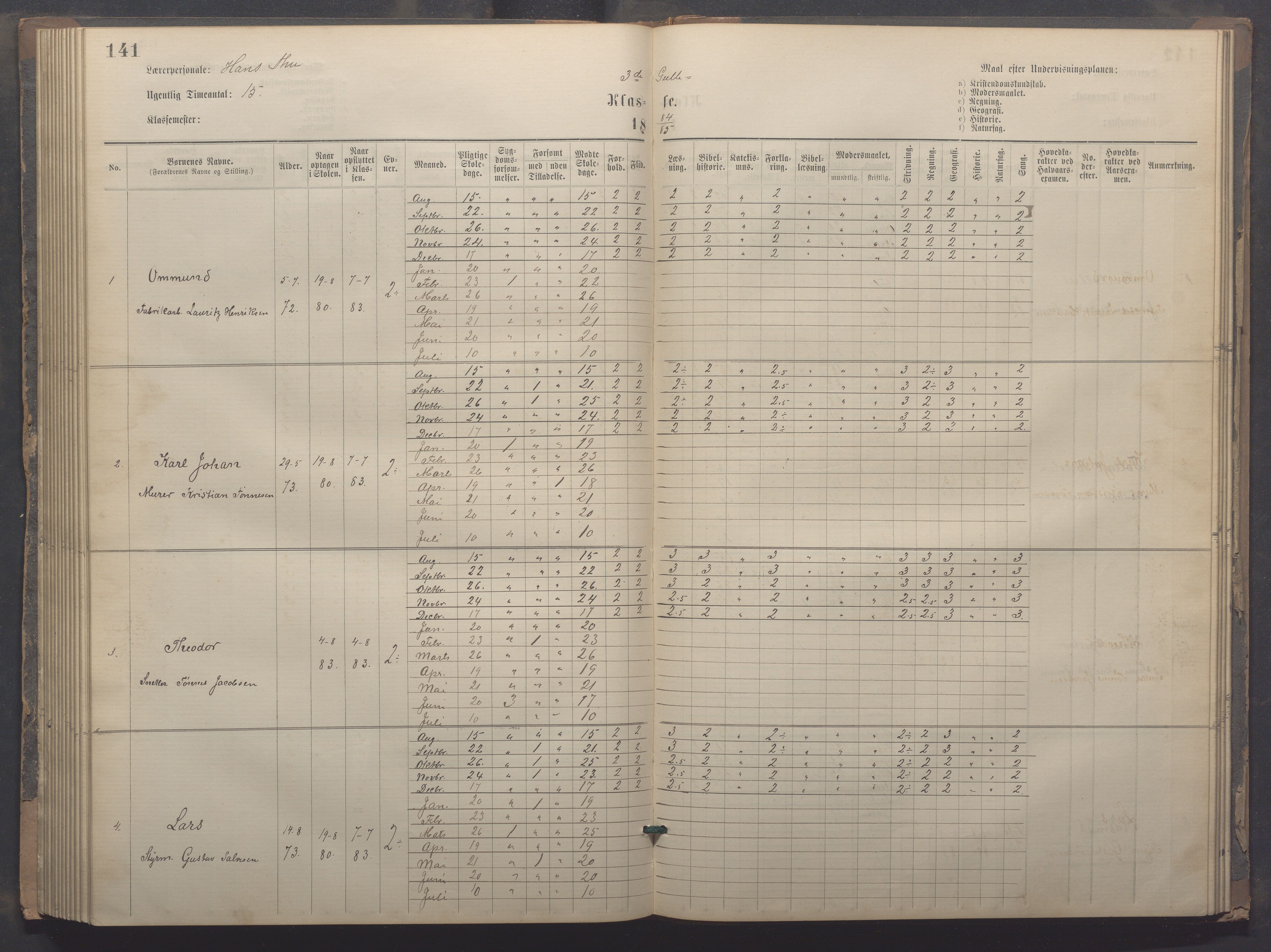 Egersund kommune (Ladested) - Egersund almueskole/folkeskole, IKAR/K-100521/H/L0020: Skoleprotokoll - Almueskolen, 3./4. klasse, 1878-1887, p. 141