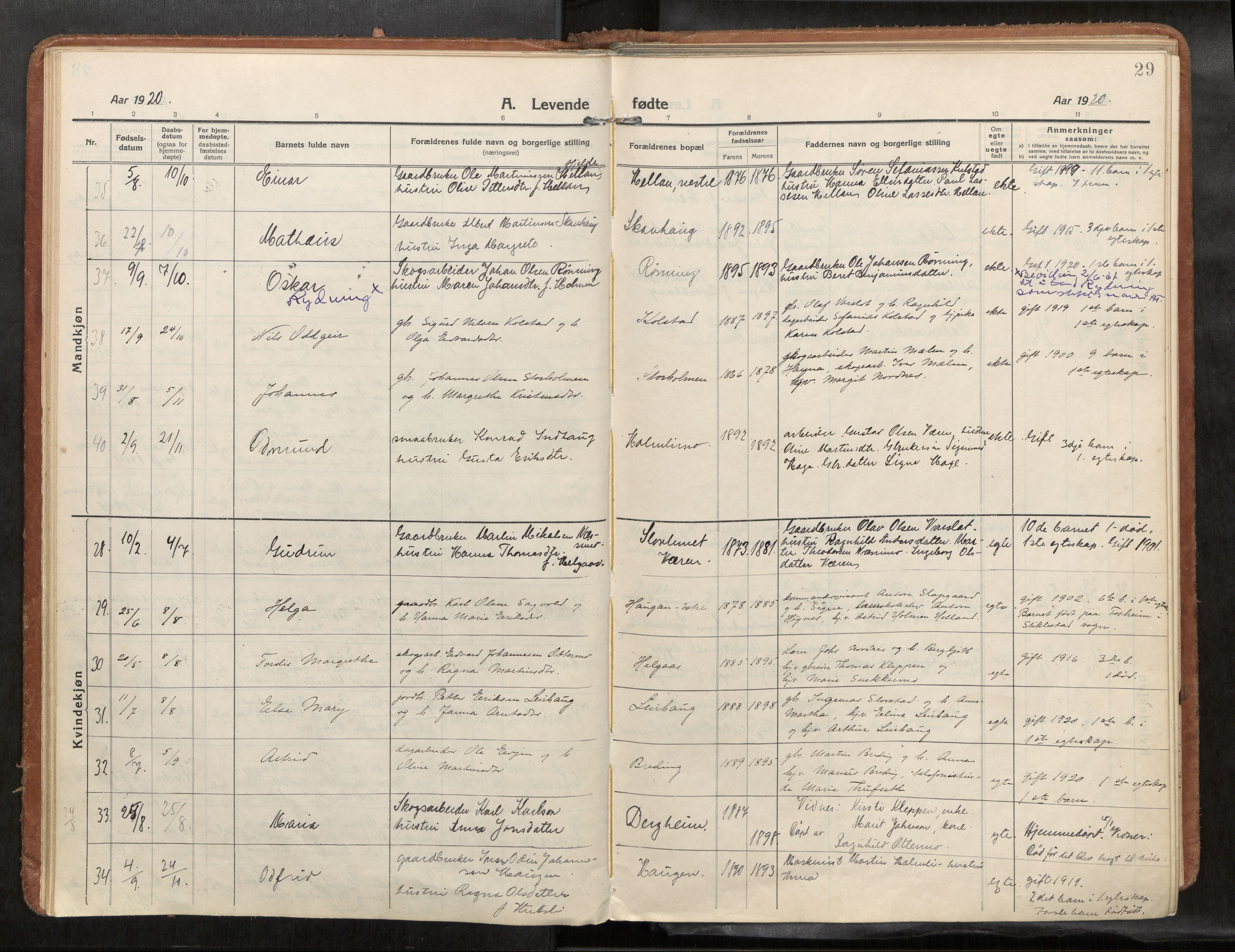 Verdal sokneprestkontor, SAT/A-1156/2/H/Haa/L0004: Parish register (official) no. 4, 1916-1928, p. 29