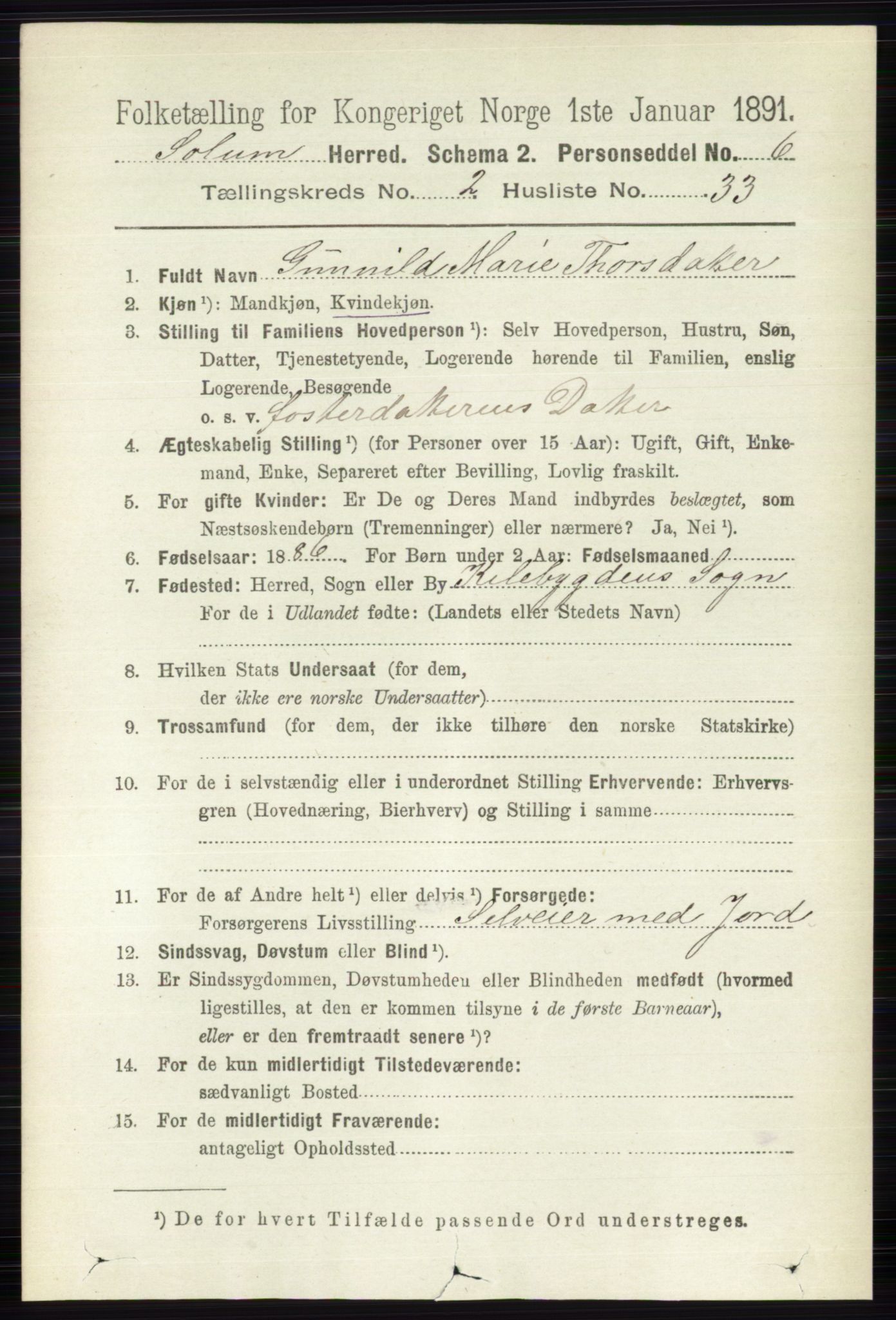 RA, 1891 census for 0818 Solum, 1891, p. 284