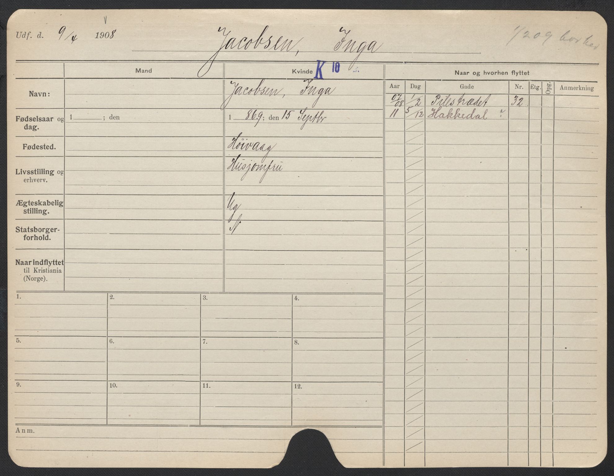 Oslo folkeregister, Registerkort, AV/SAO-A-11715/F/Fa/Fac/L0017: Kvinner, 1906-1914, p. 202a