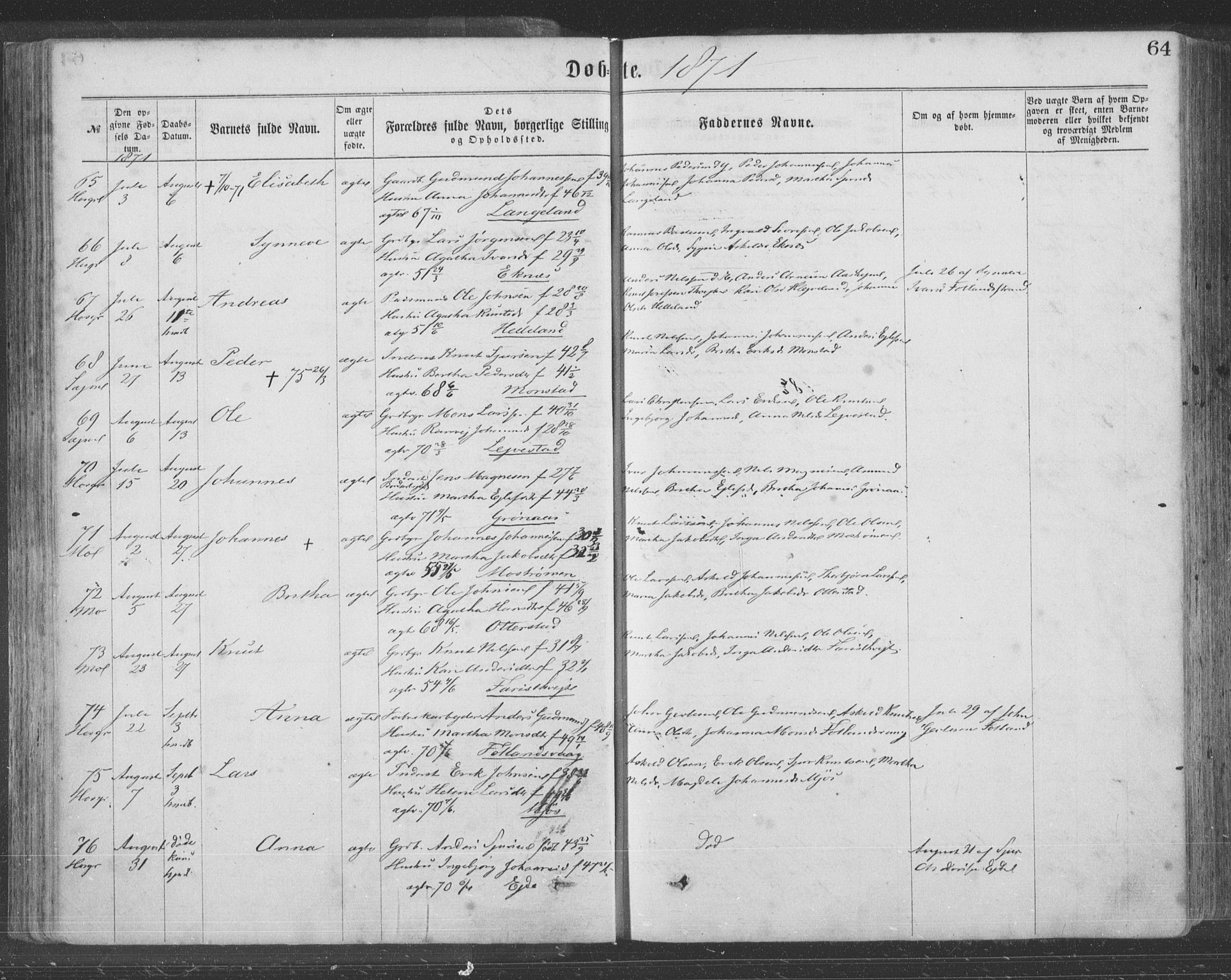 Hosanger sokneprestembete, SAB/A-75801/H/Haa: Parish register (official) no. A 9, 1864-1876, p. 64